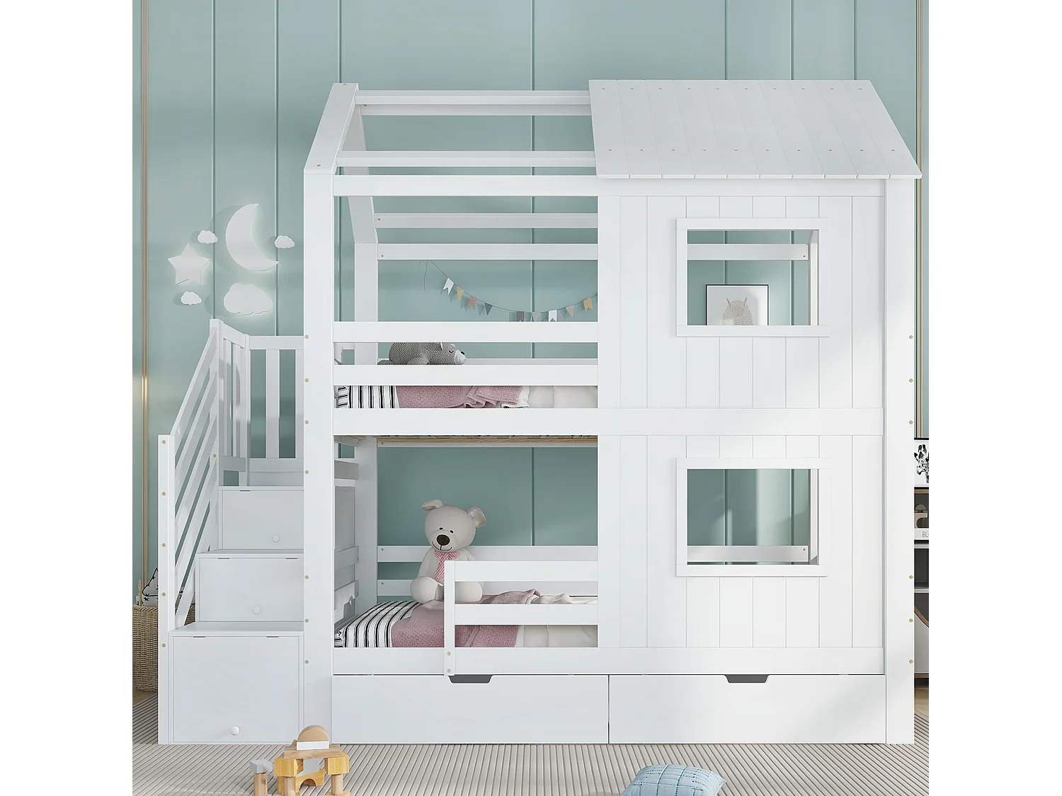 Lit superposé 90x200cm - avec 2 tiroirs - escalier avec rangement - avec fenêtres et toit - Bois massif + MDF - Blanc (sans matelas)