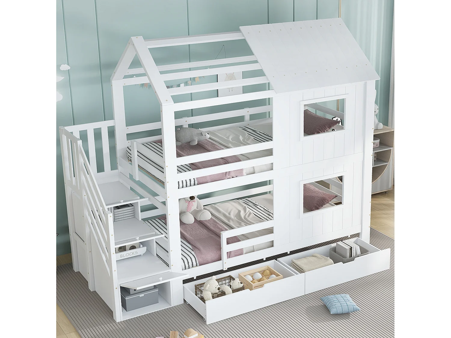 Lit superposé 90x200cm - avec 2 tiroirs - escalier avec rangement - avec fenêtres et toit - Bois massif + MDF - Blanc (sans matelas)