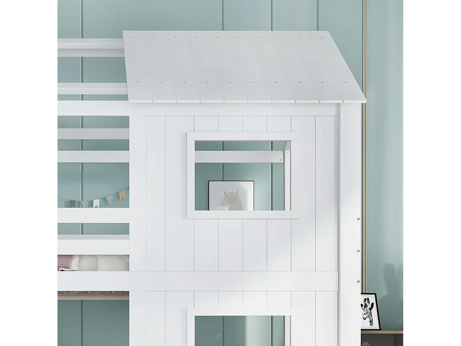 Lit superposé 90x200cm - avec 2 tiroirs - escalier avec rangement - avec fenêtres et toit - Bois massif + MDF - Blanc (sans matelas)