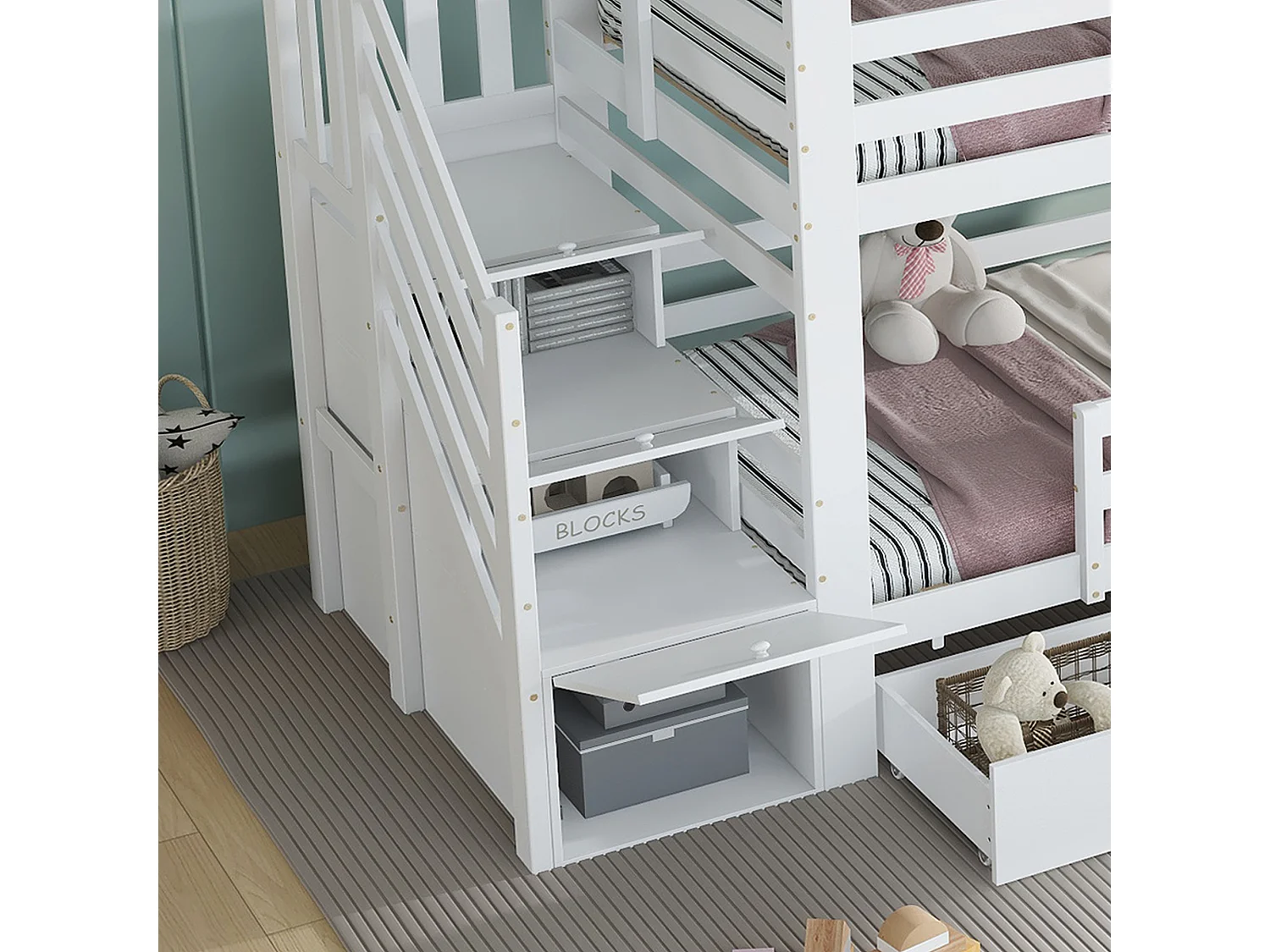 Lit superposé 90x200cm - avec 2 tiroirs - escalier avec rangement - avec fenêtres et toit - Bois massif + MDF - Blanc (sans matelas)