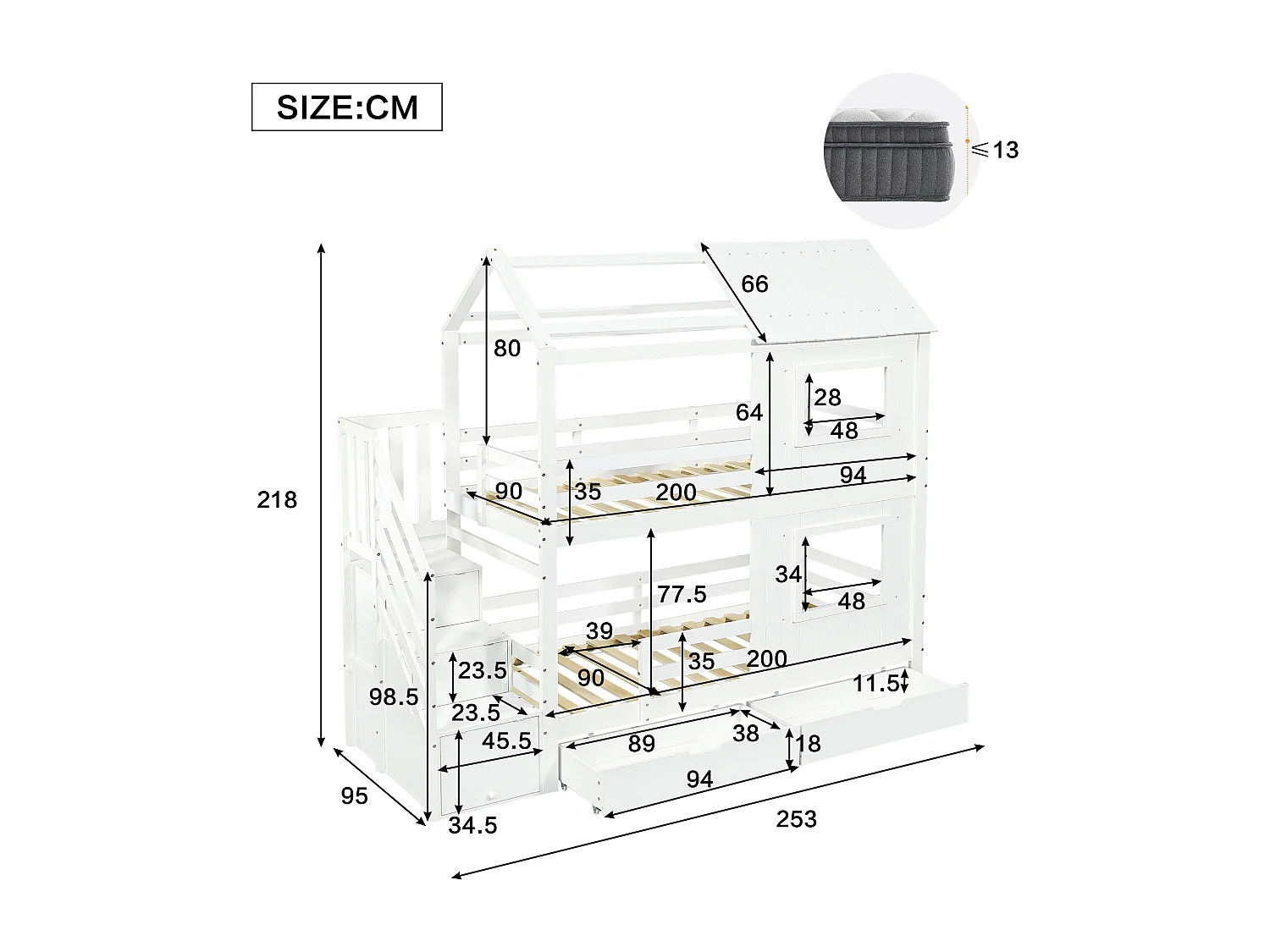 Lit superposé 90x200cm - avec 2 tiroirs - escalier avec rangement - avec fenêtres et toit - Bois massif + MDF - Blanc (sans matelas)