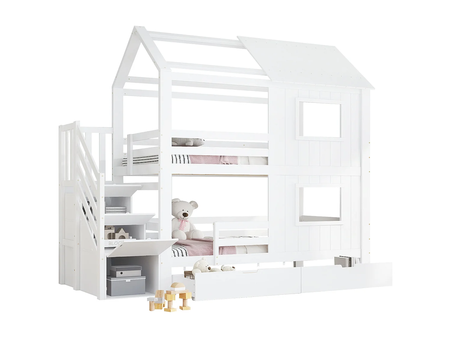 Lit superposé 90x200cm - avec 2 tiroirs - escalier avec rangement - avec fenêtres et toit - Bois massif + MDF - Blanc (sans matelas)