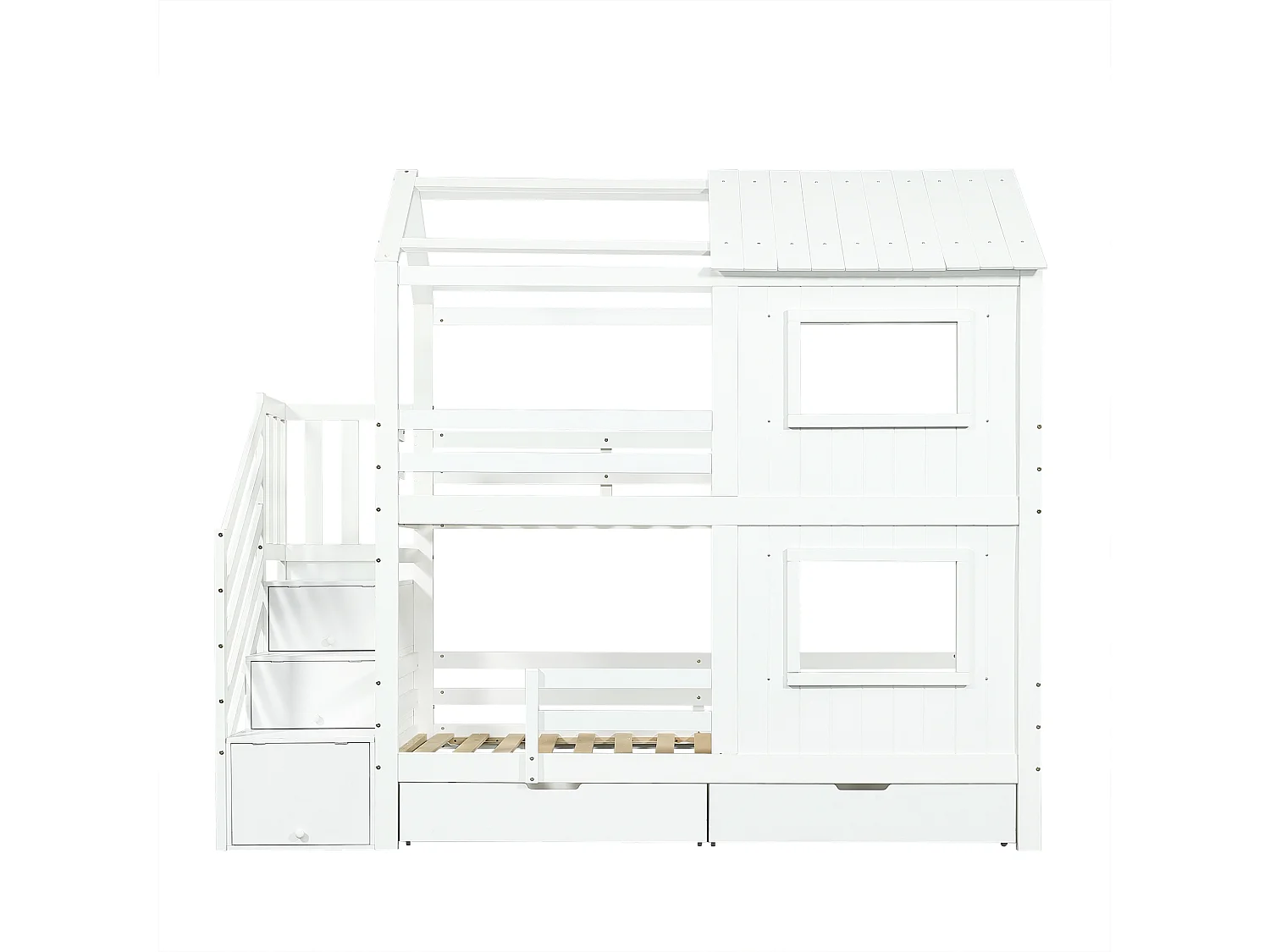 Lit superposé 90x200cm - avec 2 tiroirs - escalier avec rangement - avec fenêtres et toit - Bois massif + MDF - Blanc (sans matelas)