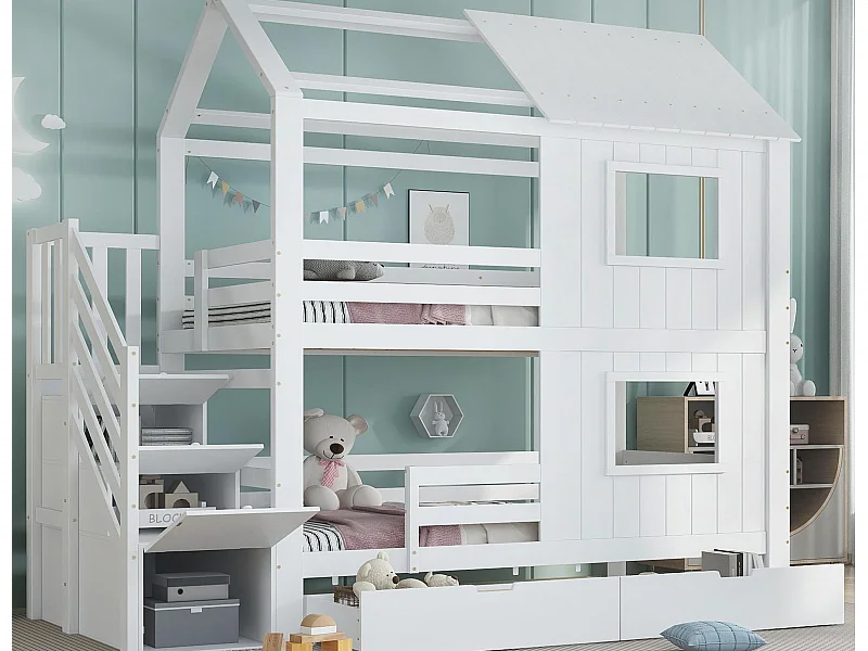 Etagenbett 90x200cm - mit 2 Schubladen - Treppe mit Stauraum - mit Fenstern und Dach - Massivholz + MDF - Weiß (ohne Matratze)
