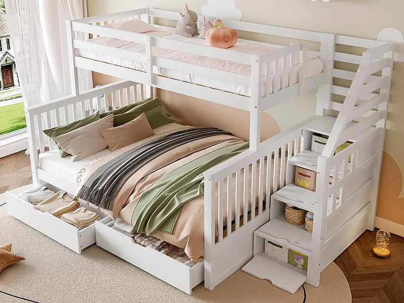 Etagenbett 90x200 + 140x200 cm - mit 2 Schubladen - Treppe mit Stauraum und Sicherheitsbügel - Weiß (Matratze nicht im Lieferumfang enthalten)