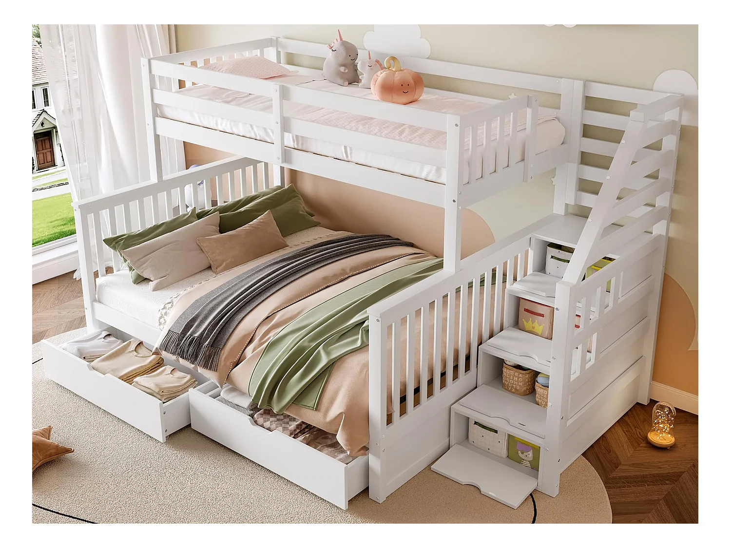 Lit superposé 90x200 + 140x200 cm - avec 2 tiroirs - échelle de rangement et barrières de sécurité - Blanc (matelas non inclus)