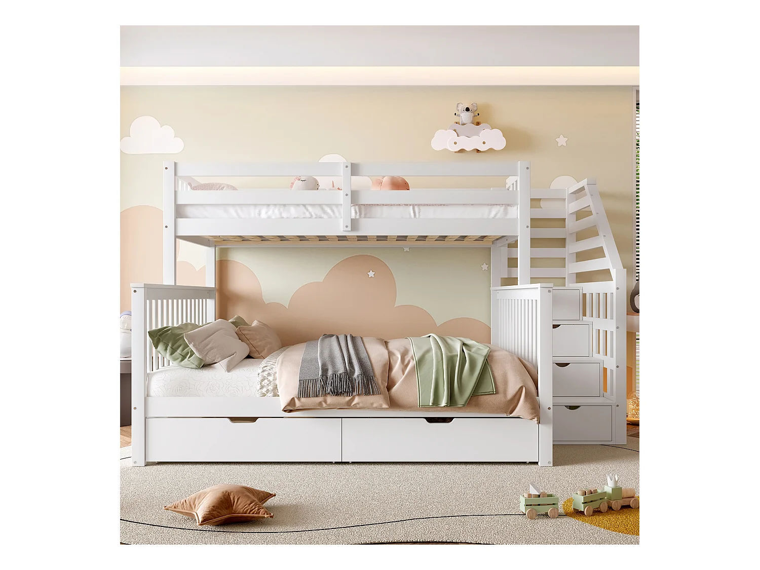 Lit superposé 90x200 + 140x200 cm - avec 2 tiroirs - échelle de rangement et barrières de sécurité - Blanc (matelas non inclus)