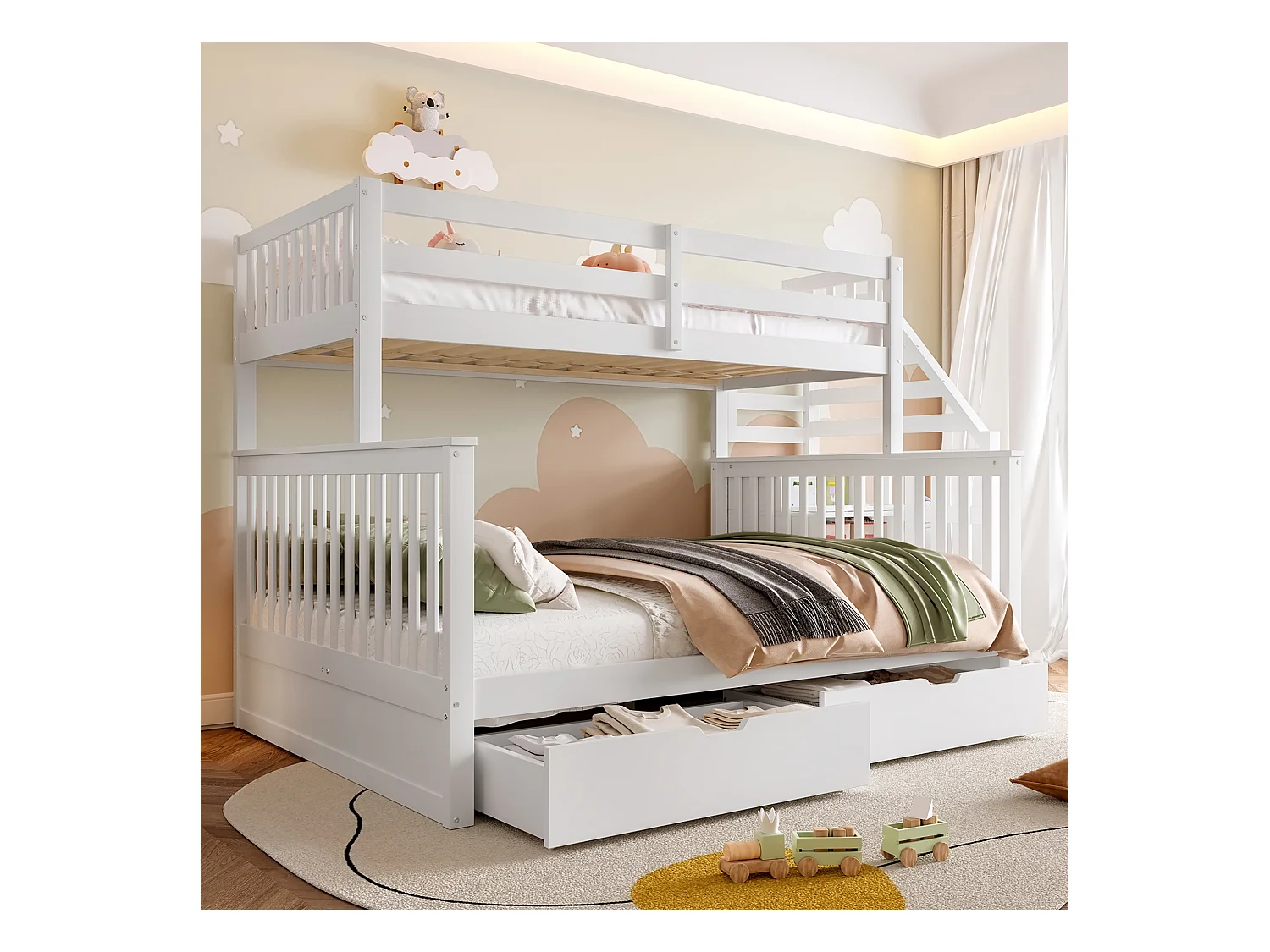 Lit superposé 90x200 + 140x200 cm - avec 2 tiroirs - échelle de rangement et barrières de sécurité - Blanc (matelas non inclus)