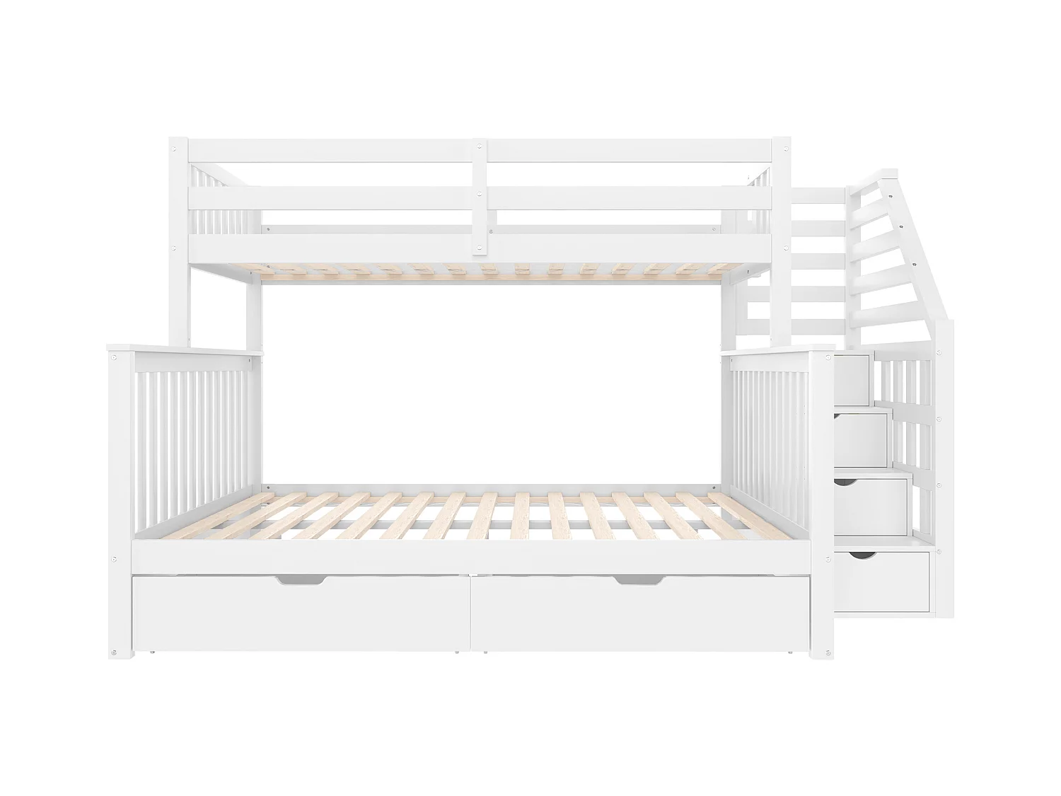 Lit superposé 90x200 + 140x200 cm - avec 2 tiroirs - échelle de rangement et barrières de sécurité - Blanc (matelas non inclus)