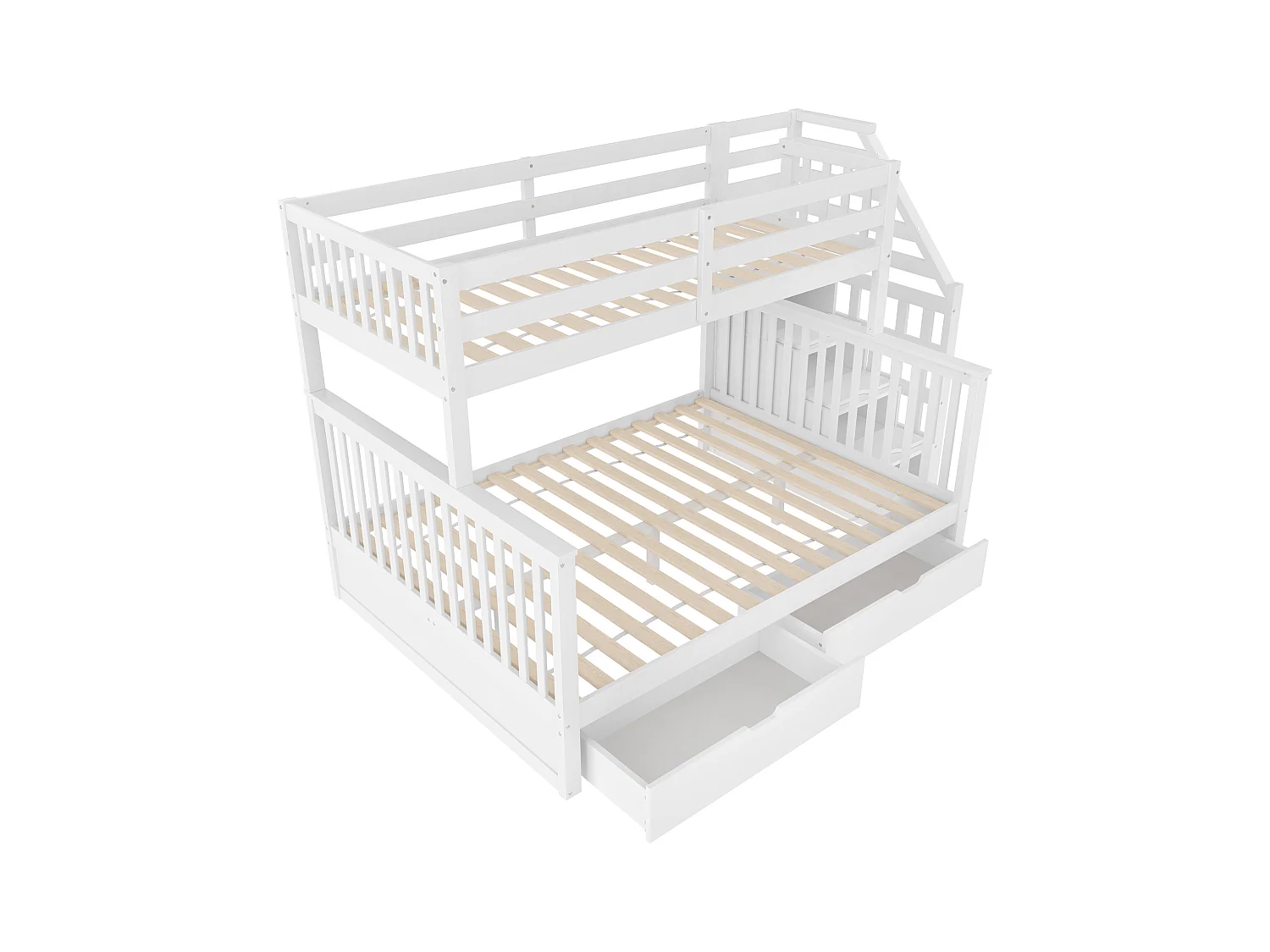 Lit superposé 90x200 + 140x200 cm - avec 2 tiroirs - échelle de rangement et barrières de sécurité - Blanc (matelas non inclus)