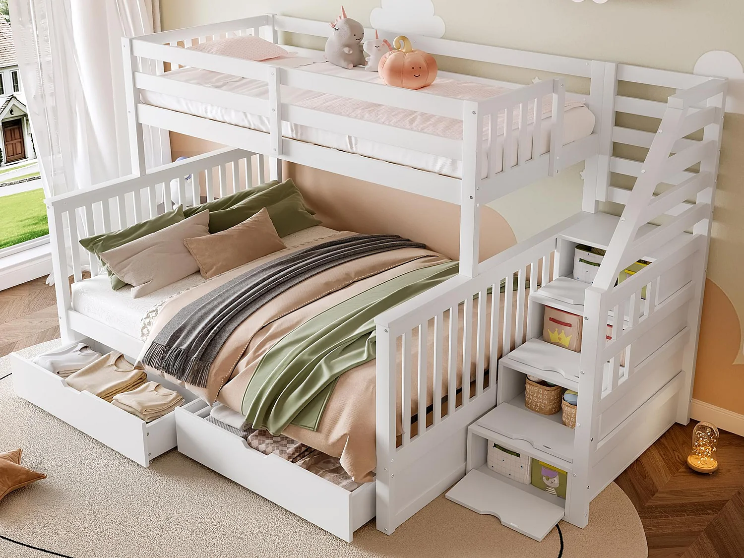 Etagenbett 90x200 + 140x200 cm - mit 2 Schubladen - Treppe mit Stauraum und Sicherheitsbügel - Weiß (Matratze nicht im Lieferumfang enthalten)