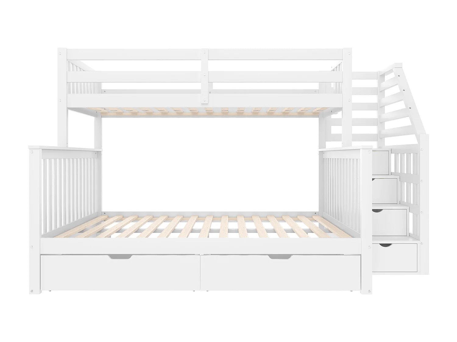 Etagenbett 90x200 + 140x200 cm - mit 2 Schubladen - Treppe mit Stauraum und Sicherheitsbügel - Weiß (Matratze nicht im Lieferumfang enthalten)