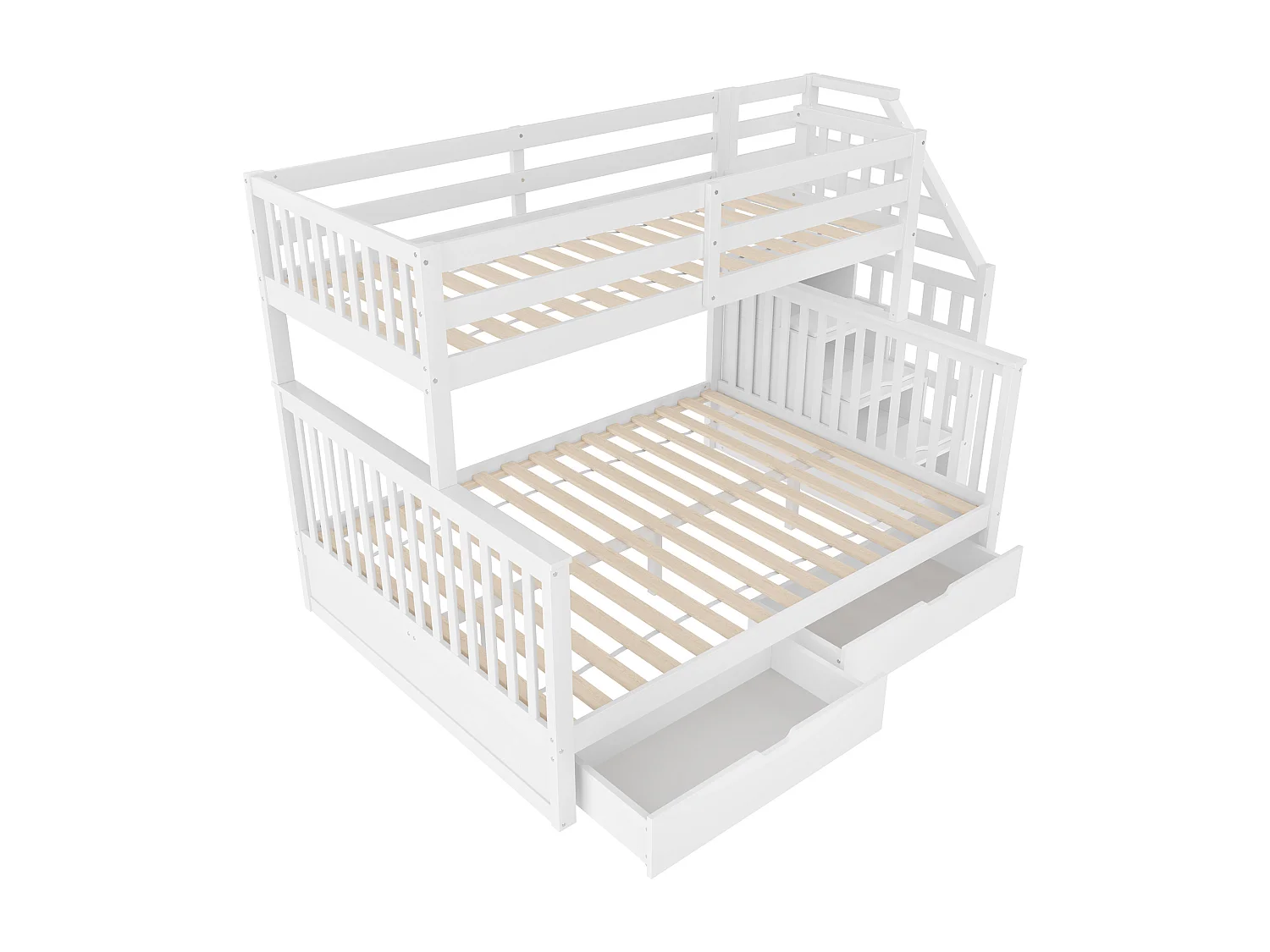 Etagenbett 90x200 + 140x200 cm - mit 2 Schubladen - Treppe mit Stauraum und Sicherheitsbügel - Weiß (Matratze nicht im Lieferumfang enthalten)