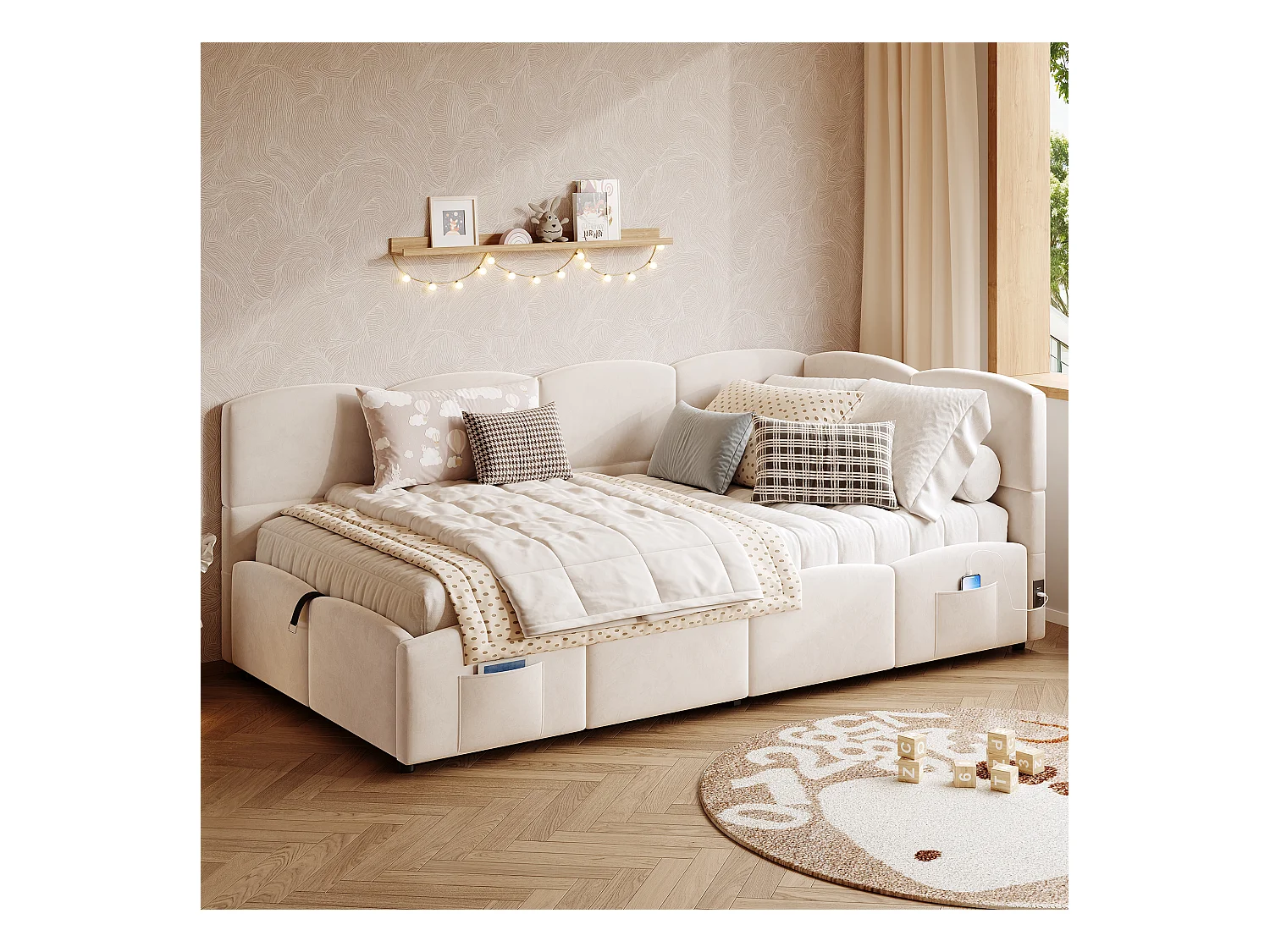 Divano letto bambino 90x200 cm - Letto con contenitore - con porte USB - con tasca portaoggetti - Velluto - Beige (senza materasso)