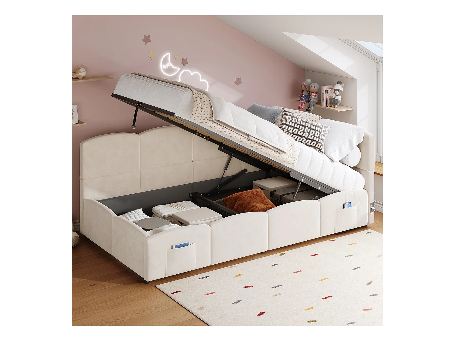 Divano letto bambino 90x200 cm - Letto con contenitore - con porte USB - con tasca portaoggetti - Velluto - Beige (senza materasso)