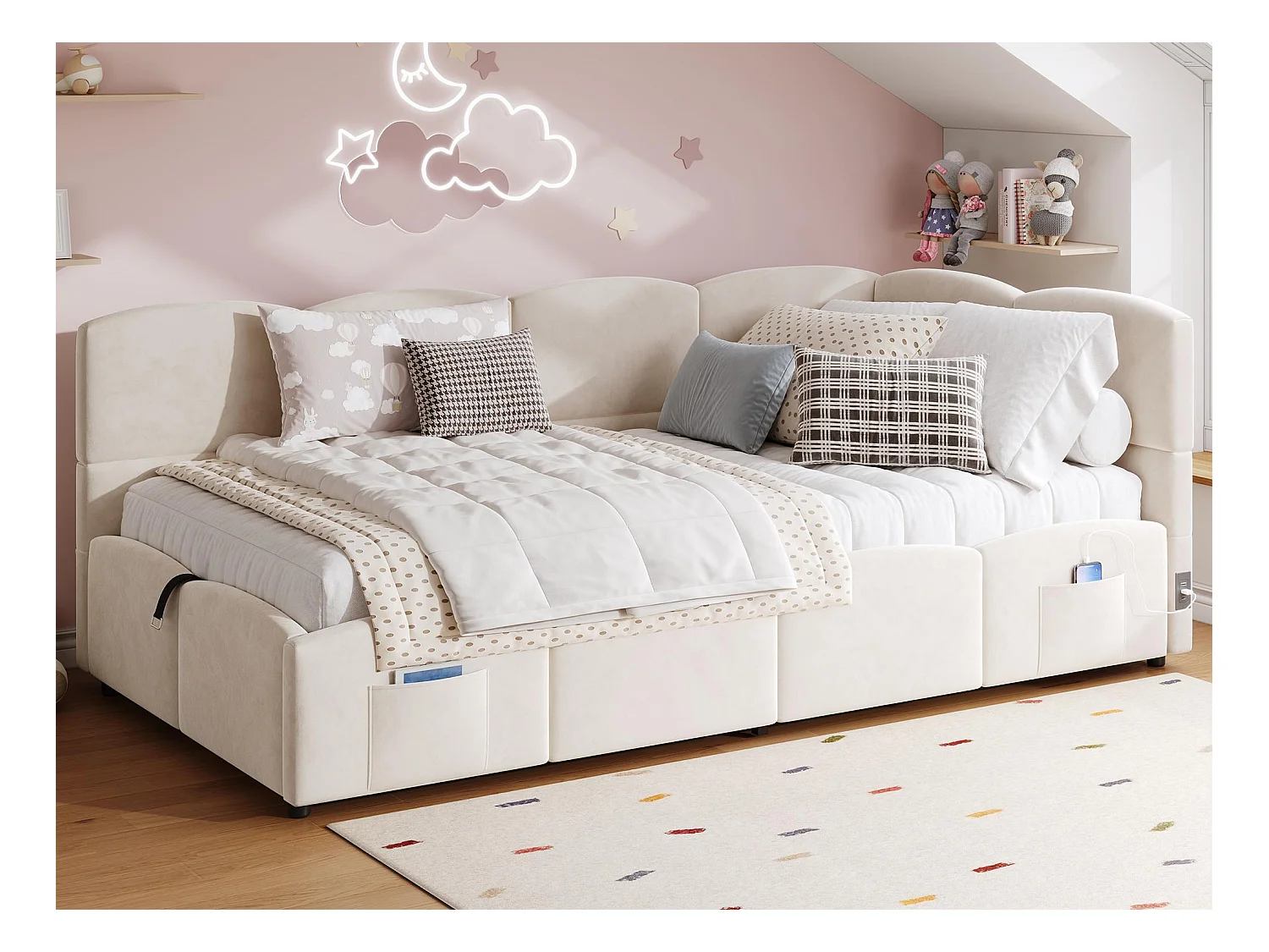 Canapé-lit enfant 90x200 cm - Lit coffre - avec ports USB - avec poche de rangement - Velours - Beige (sans matelas)