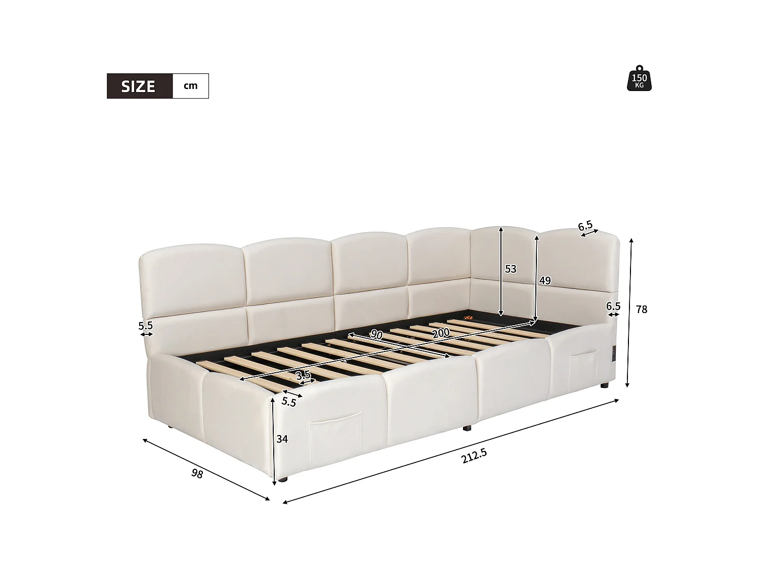 Canapé-lit enfant 90x200 cm - Lit coffre - avec ports USB - avec poche de rangement - Velours - Beige (sans matelas)