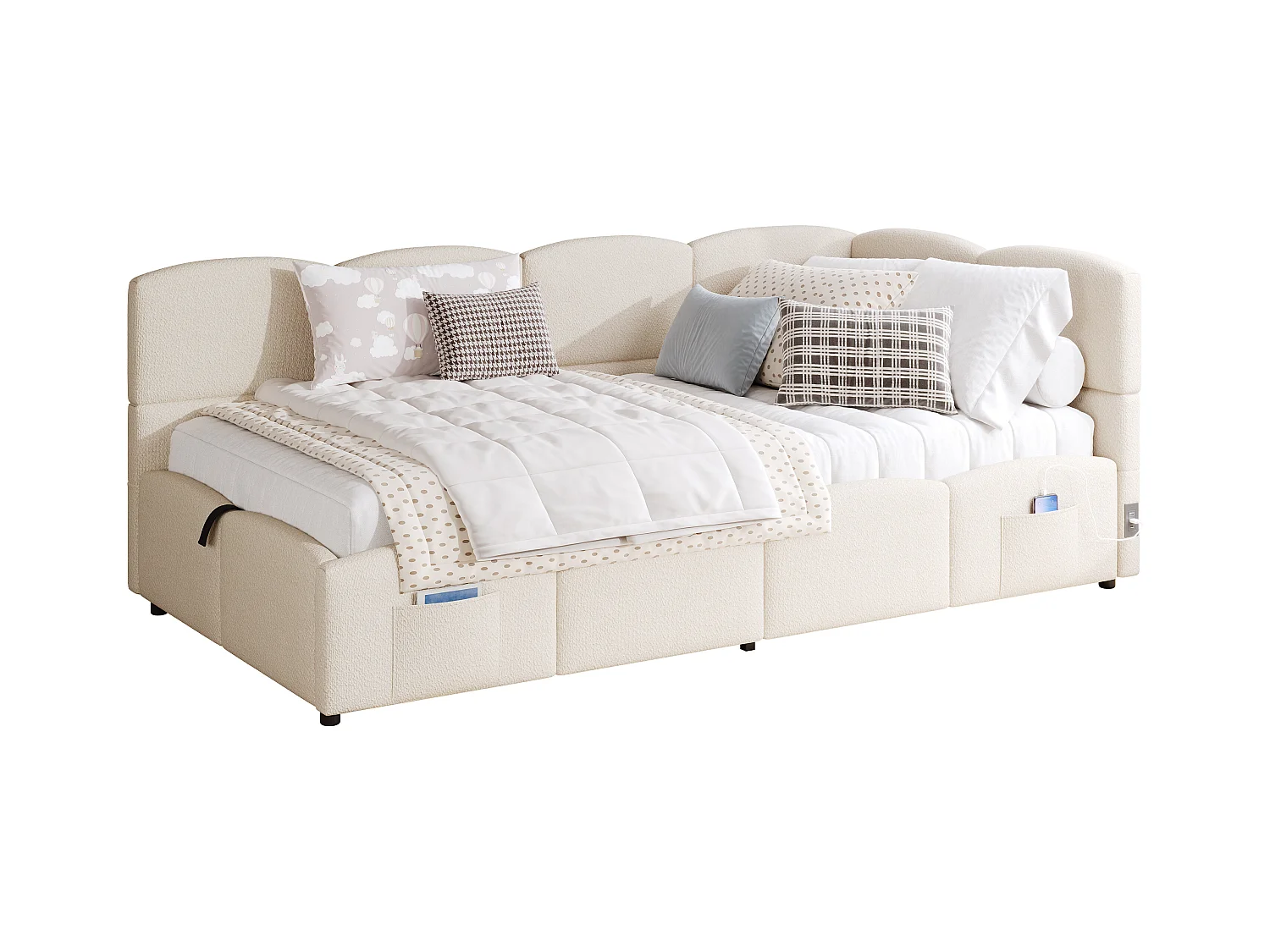 Canapé-lit enfant 90x200 cm - Lit coffre - avec ports USB - avec poche de rangement - Velours - Beige (sans matelas)