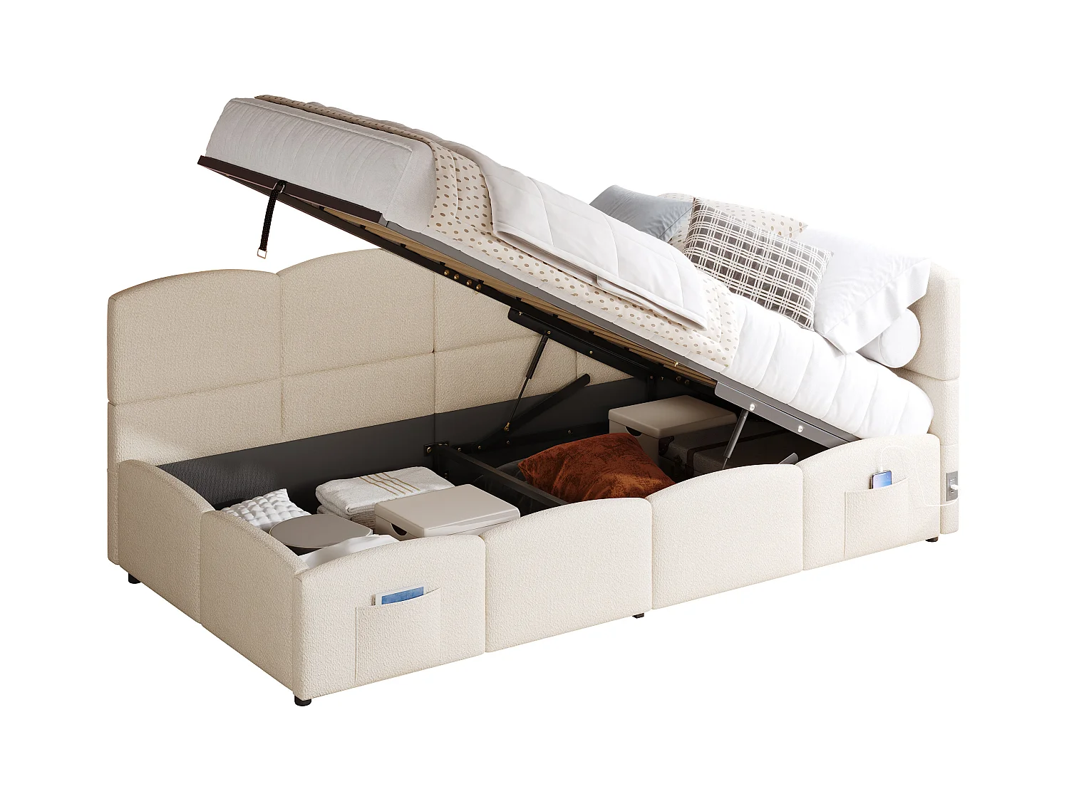 Canapé-lit enfant 90x200 cm - Lit coffre - avec ports USB - avec poche de rangement - Velours - Beige (sans matelas)