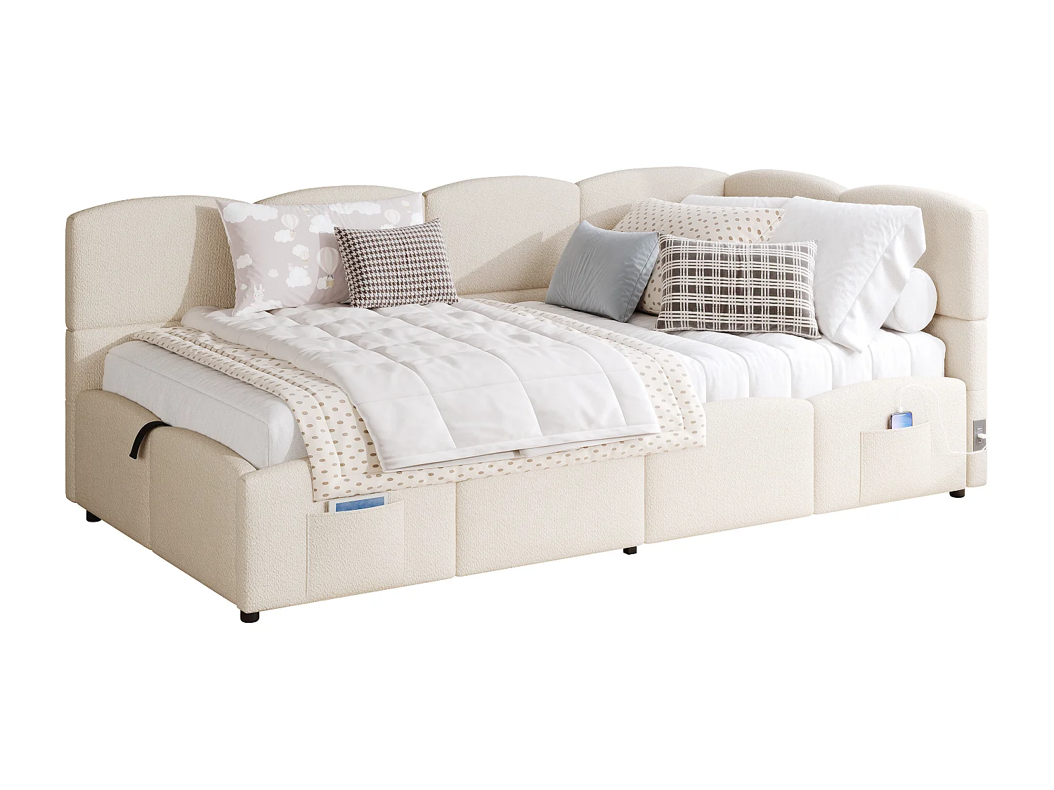 Canapé-lit enfant 90x200 cm - Lit coffre - avec ports USB - avec poche de rangement - Velours - Beige (sans matelas)