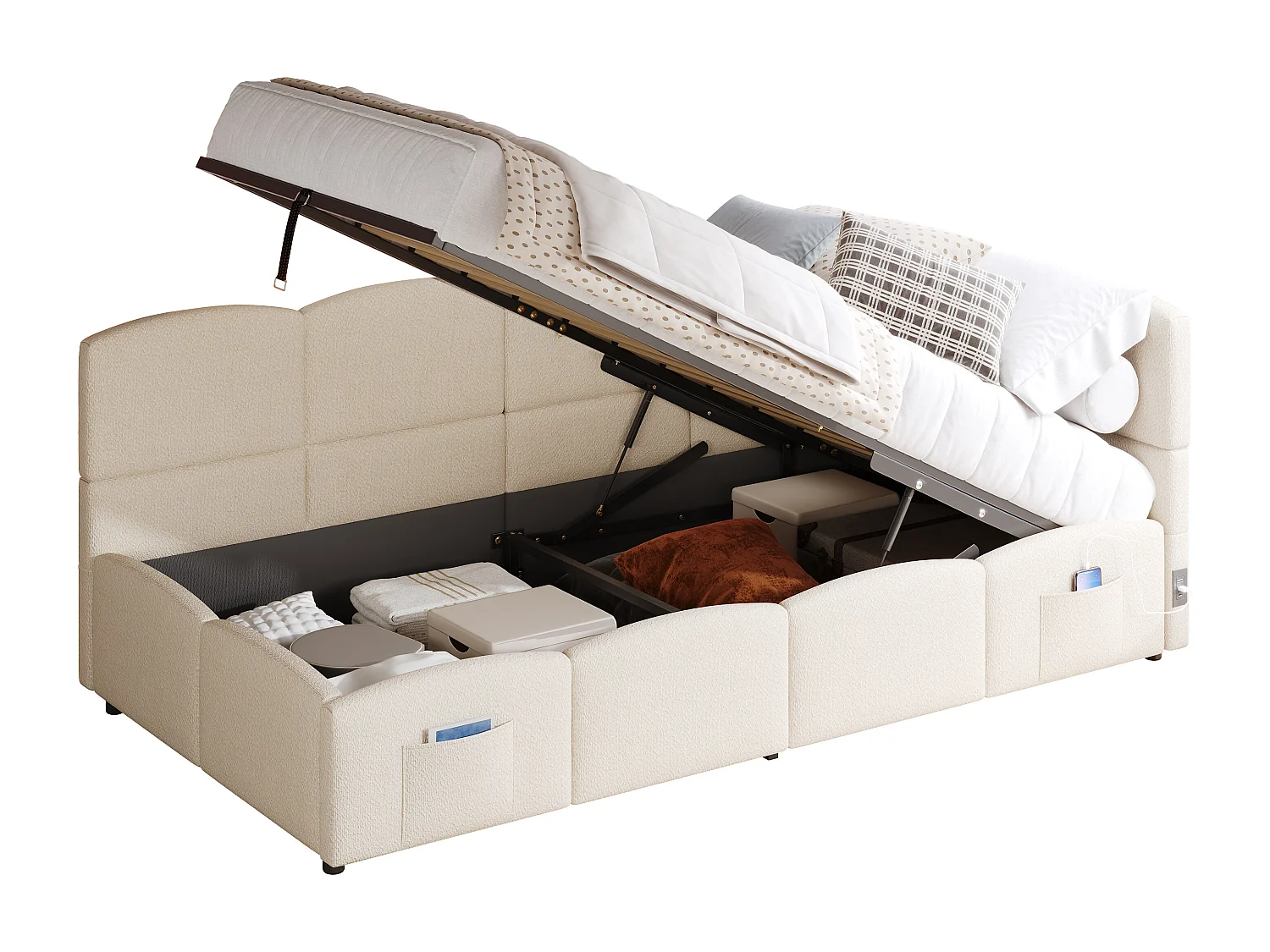 Canapé-lit enfant 90x200 cm - Lit coffre - avec ports USB - avec poche de rangement - Velours - Beige (sans matelas)
