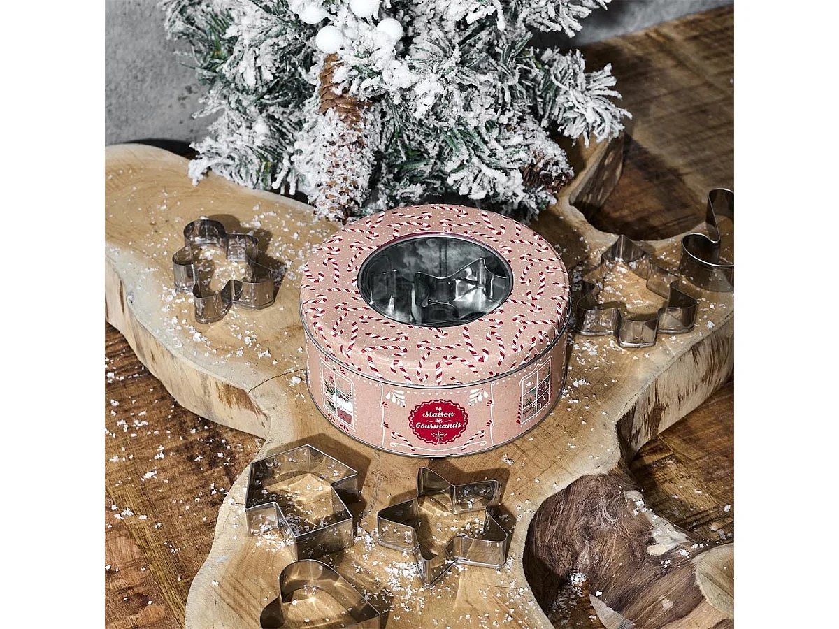 Coffret boite métallique ronde avec 10 emporte-pièces à pâtisserie