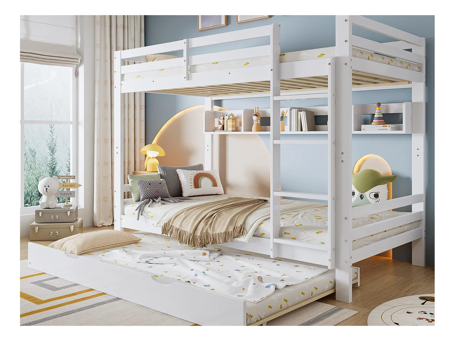 Lit superposé 90x200cm - avec lit gigogne - avec étagères et échelle - Bois massif + MDF - Blanc (sans matelas)