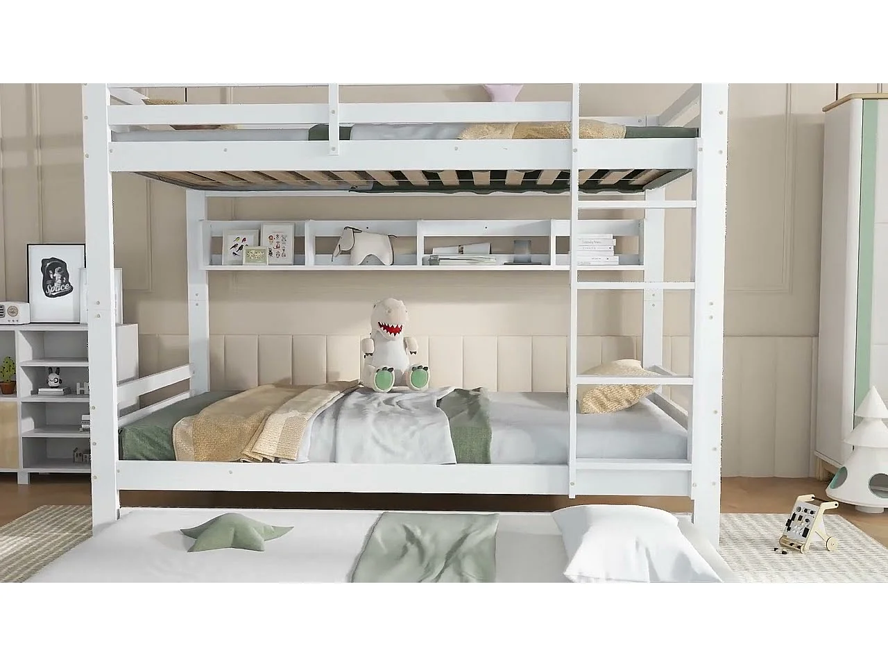 Lit superposé 90x200cm - avec lit gigogne - avec étagères et échelle - Bois massif + MDF - Blanc (sans matelas)