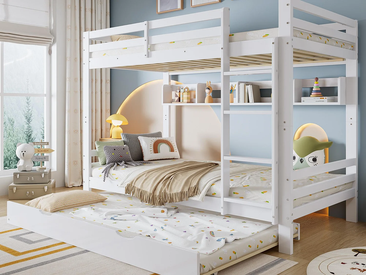 Lit superposé 90x200cm - avec lit gigogne - avec étagères et échelle - Bois massif + MDF - Blanc (sans matelas)