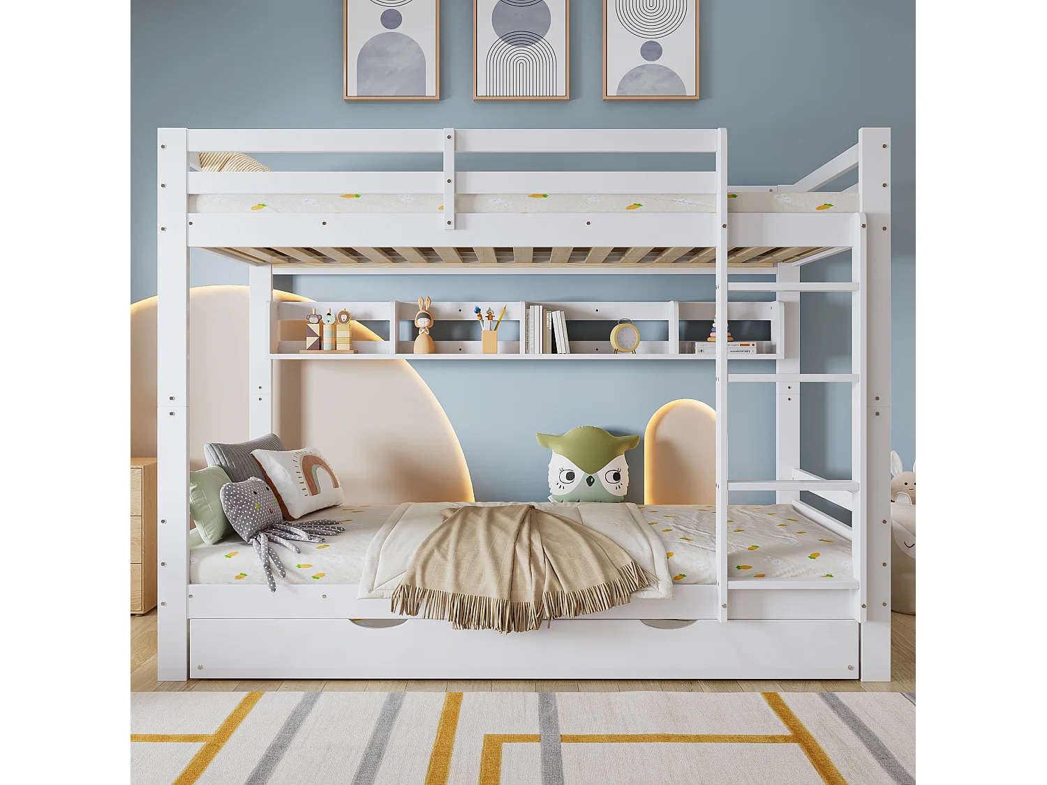 Lit superposé 90x200cm - avec lit gigogne - avec étagères et échelle - Bois massif + MDF - Blanc (sans matelas)