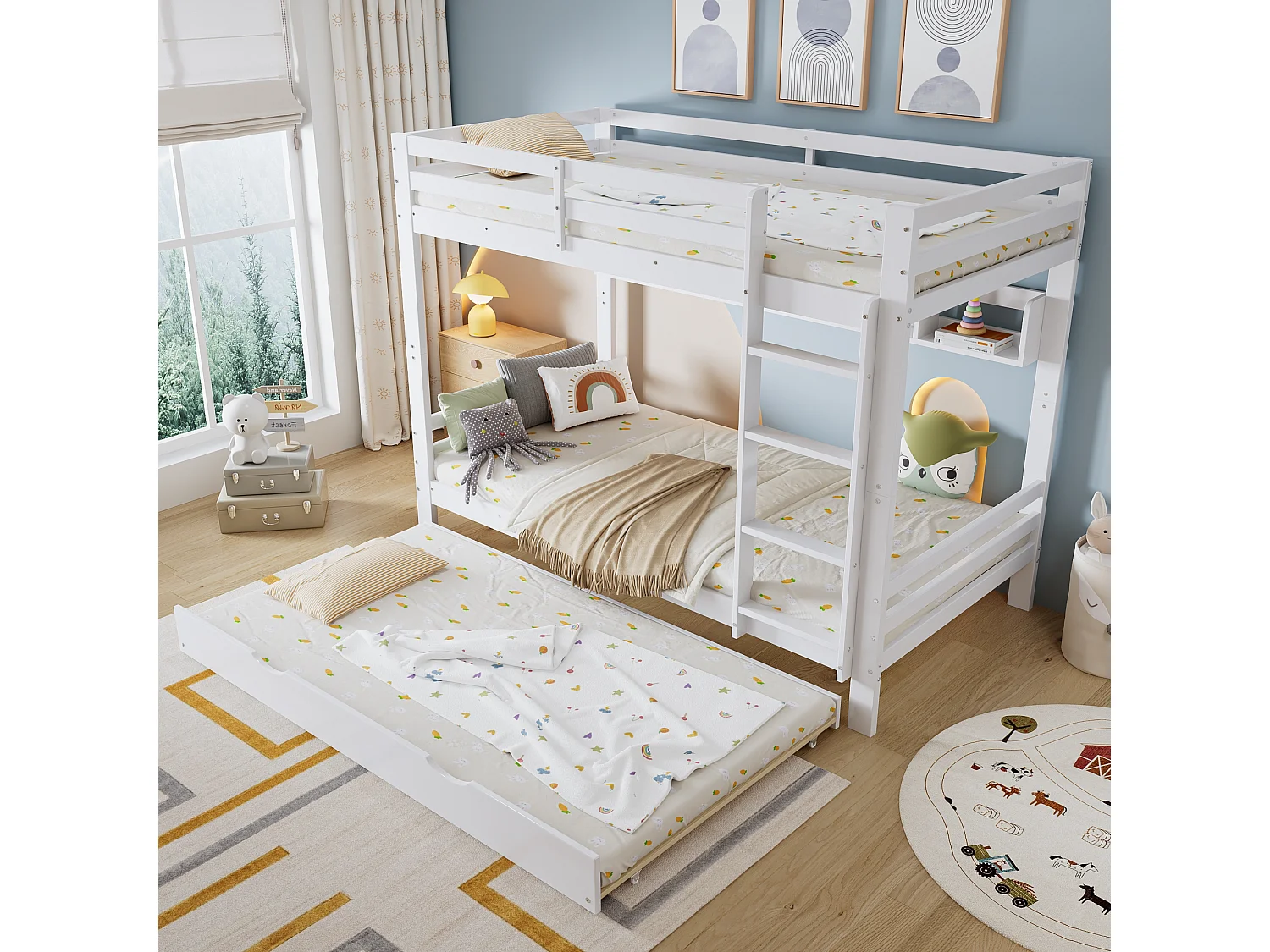 Lit superposé 90x200cm - avec lit gigogne - avec étagères et échelle - Bois massif + MDF - Blanc (sans matelas)