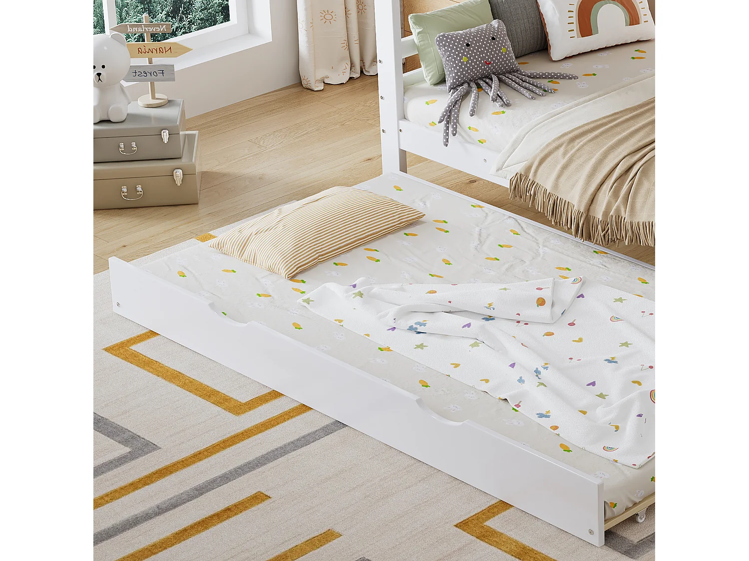 Lit superposé 90x200cm - avec lit gigogne - avec étagères et échelle - Bois massif + MDF - Blanc (sans matelas)