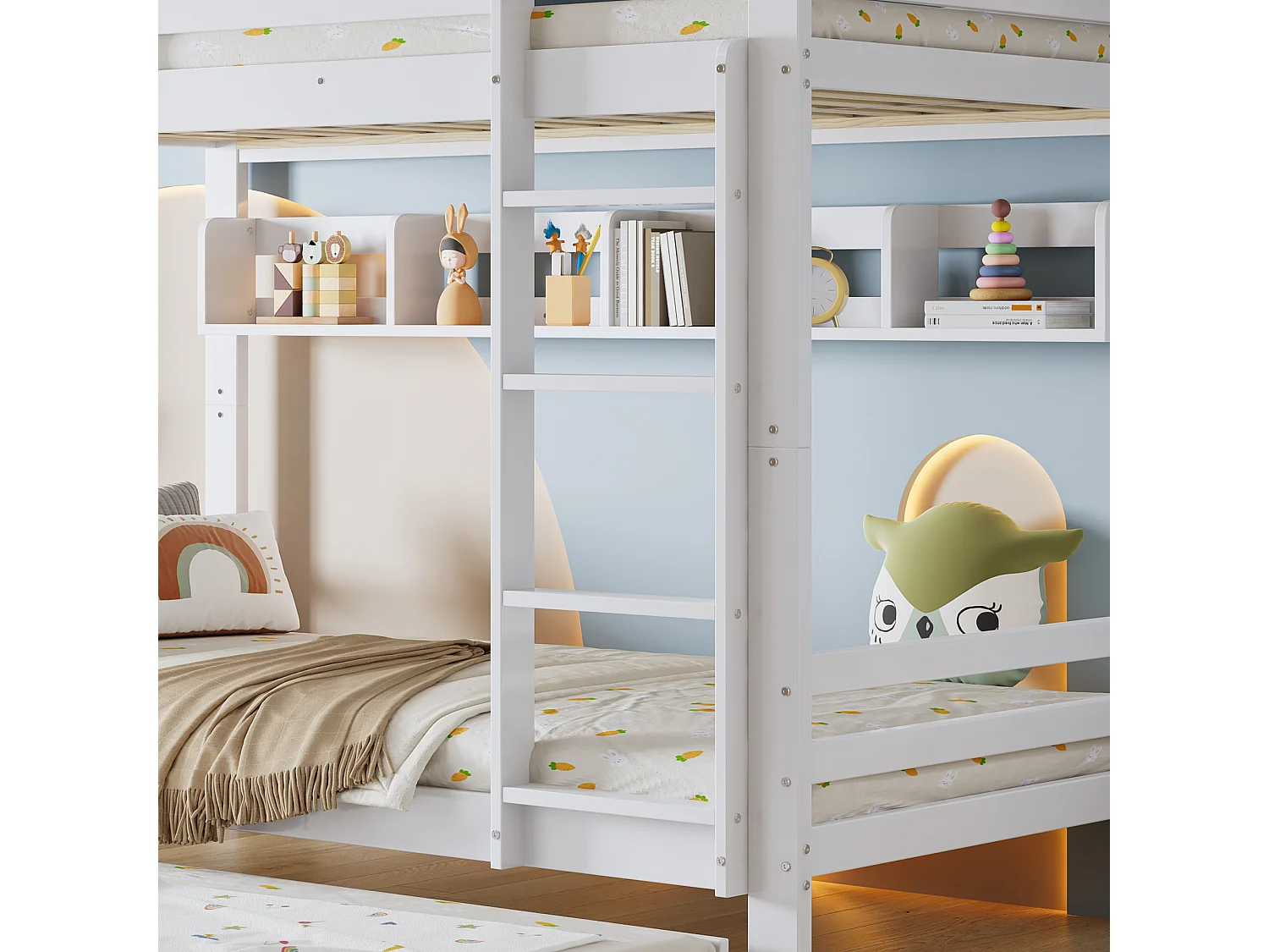 Lit superposé 90x200cm - avec lit gigogne - avec étagères et échelle - Bois massif + MDF - Blanc (sans matelas)