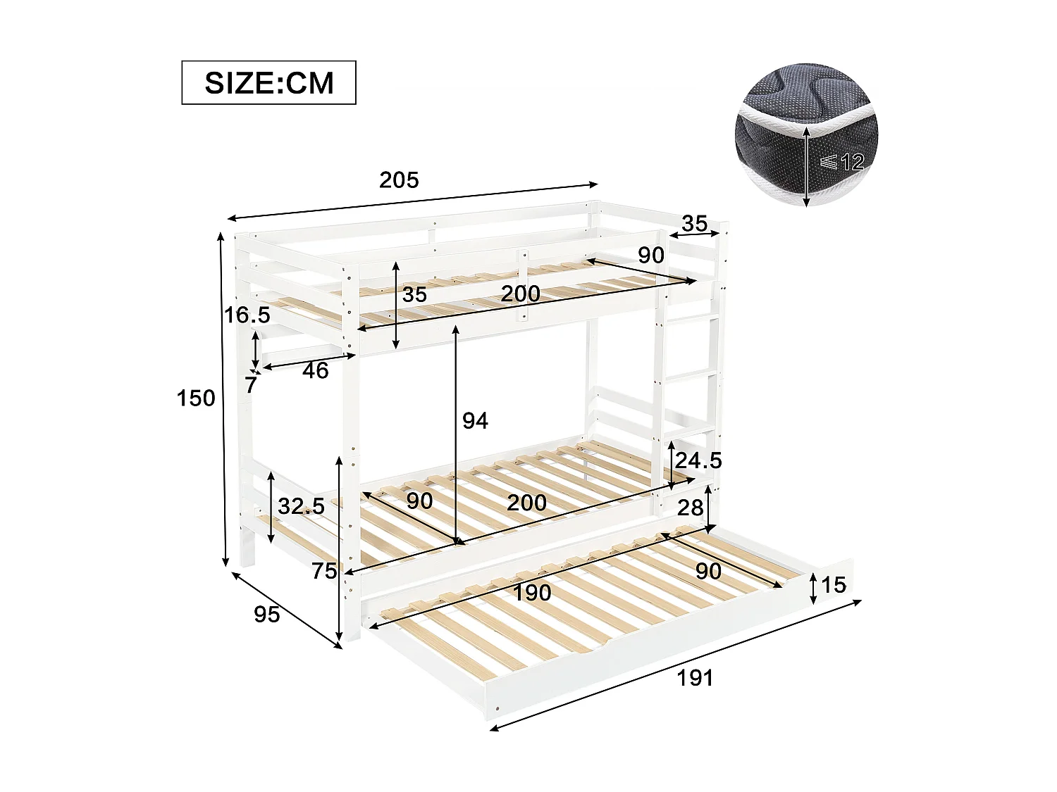 Lit superposé 90x200cm - avec lit gigogne - avec étagères et échelle - Bois massif + MDF - Blanc (sans matelas)