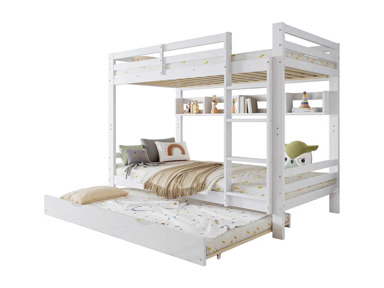 Lit superposé 90x200cm - avec lit gigogne - avec étagères et échelle - Bois massif + MDF - Blanc (sans matelas)