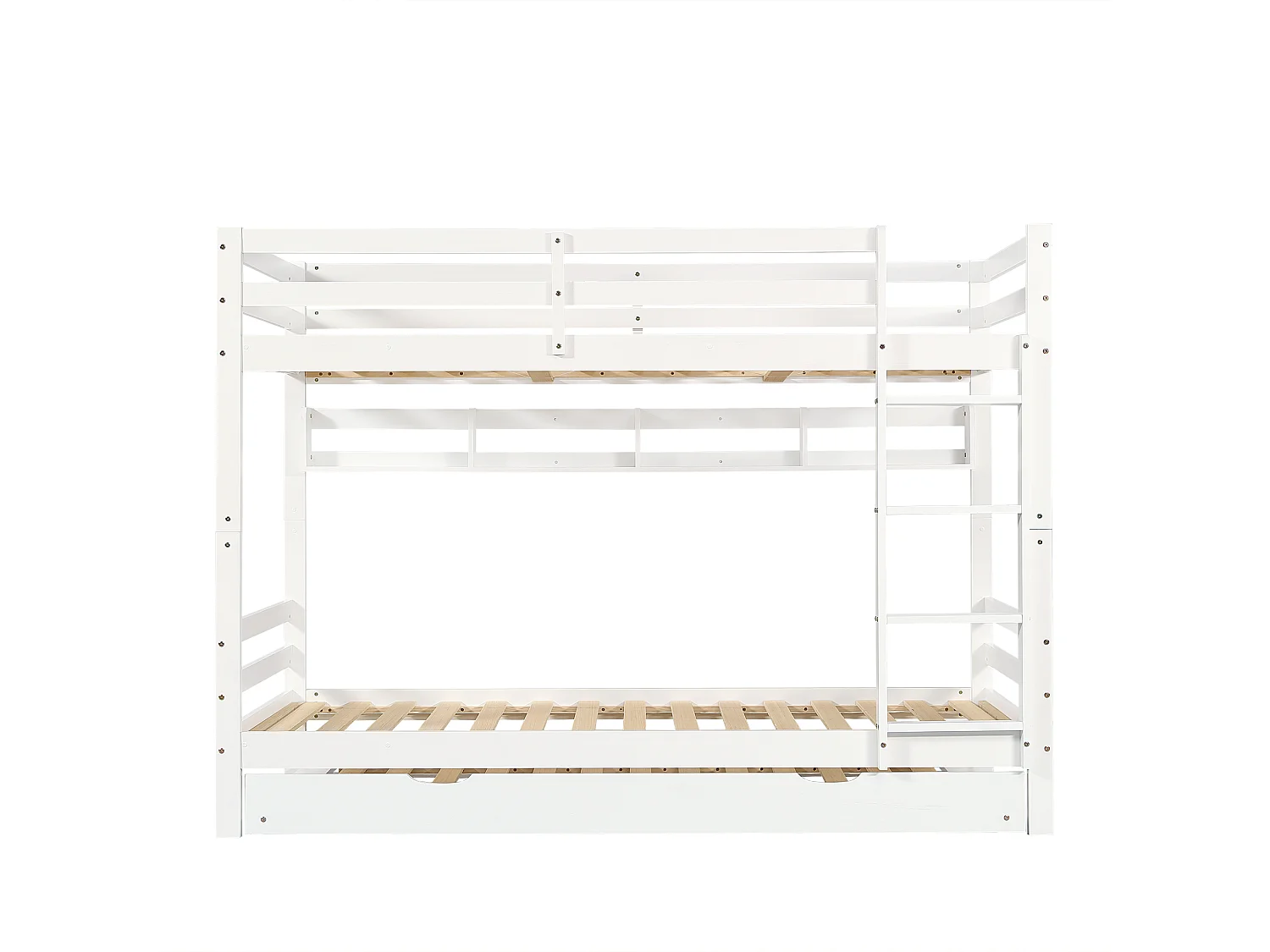 Lit superposé 90x200cm - avec lit gigogne - avec étagères et échelle - Bois massif + MDF - Blanc (sans matelas)