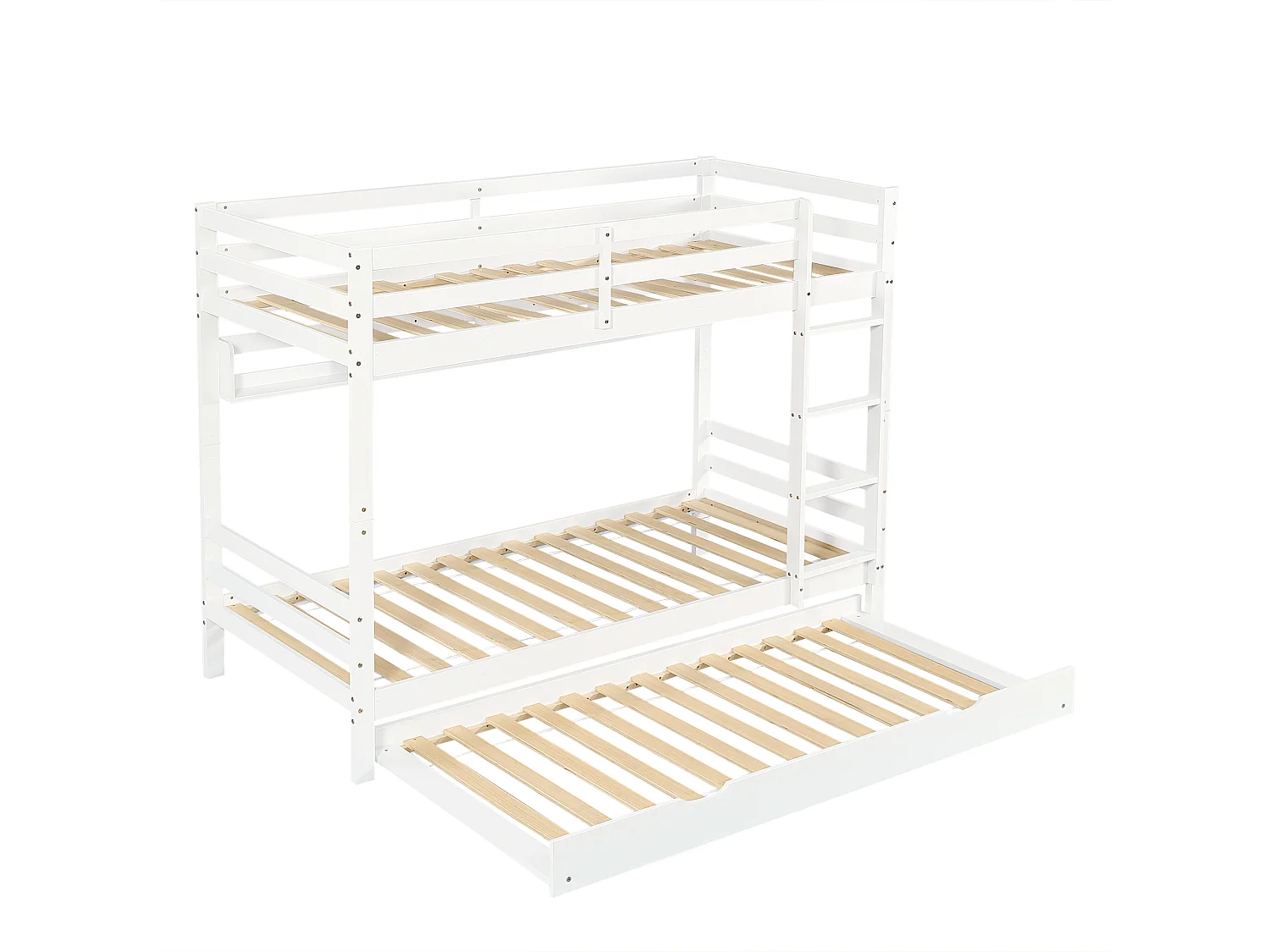 Lit superposé 90x200cm - avec lit gigogne - avec étagères et échelle - Bois massif + MDF - Blanc (sans matelas)