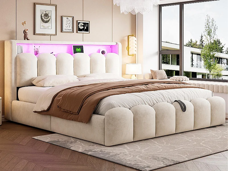 Gepolstertes Bett mit Stauraum 180x200 - Doppelbett - mit USB + Type-C - mit LED-Beleuchtung - Samt - Beige (Matratze nicht im Lieferumfang enthalten)