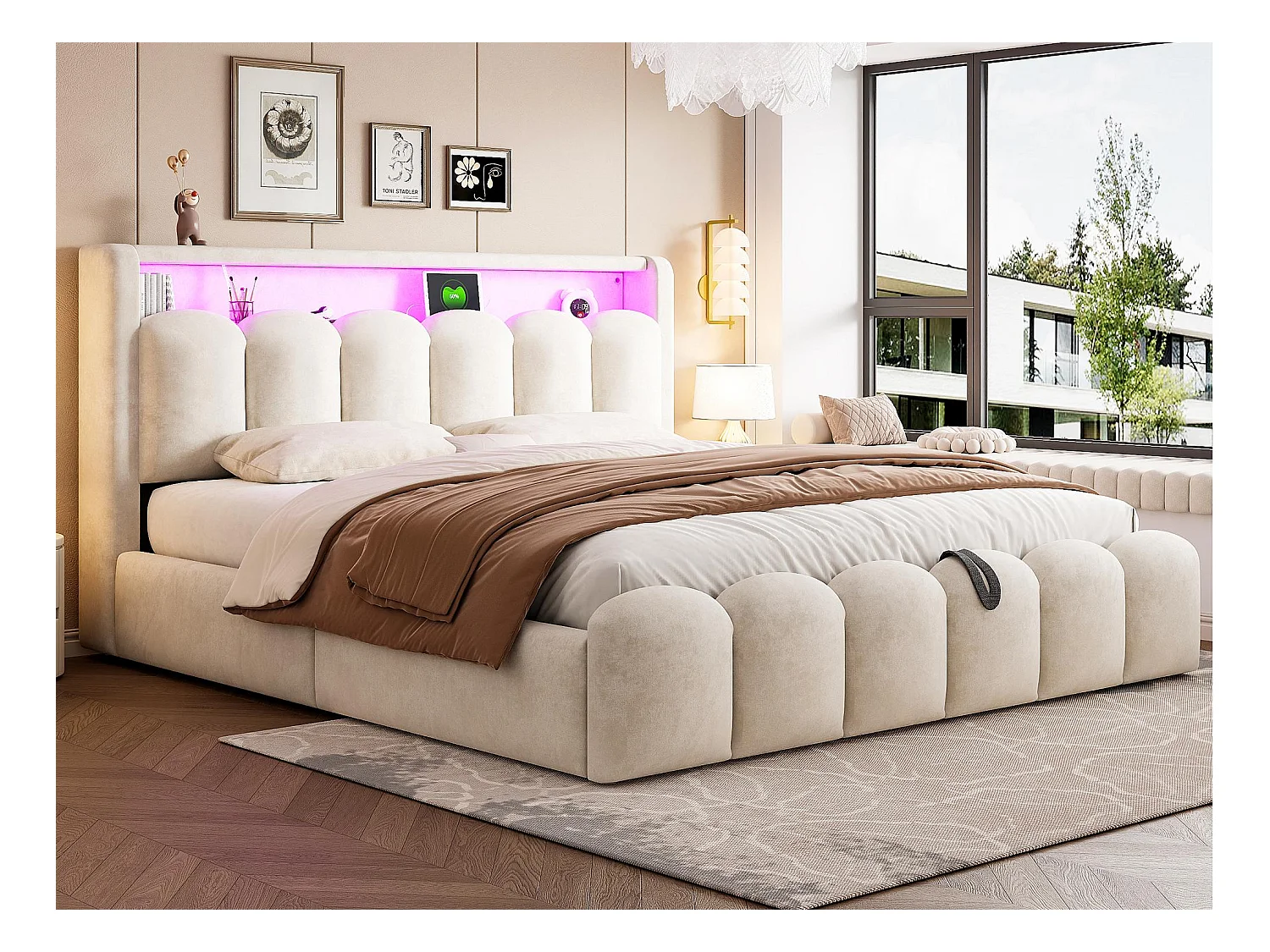 Lit coffre rembourré 180x200 - Double - avec USB + Type-C - avec lumière LED - Velours - Beige (matelas non inclus)
