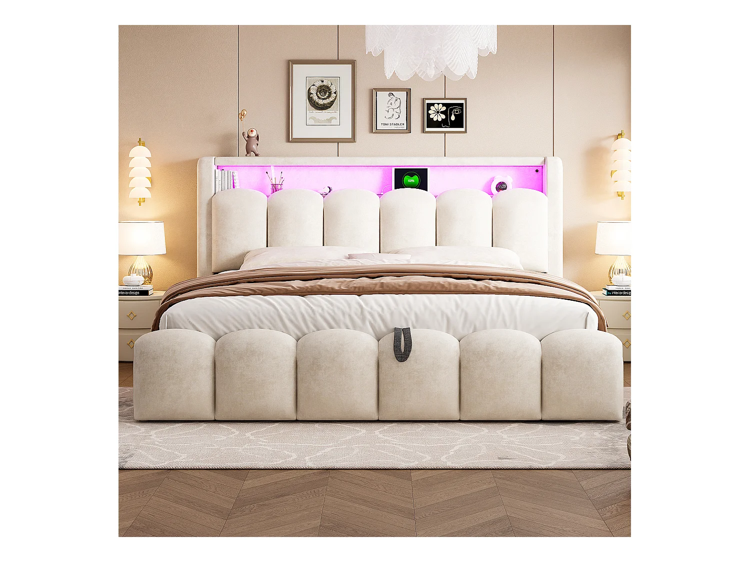 Lit coffre rembourré 180x200 - Double - avec USB + Type-C - avec lumière LED - Velours - Beige (matelas non inclus)