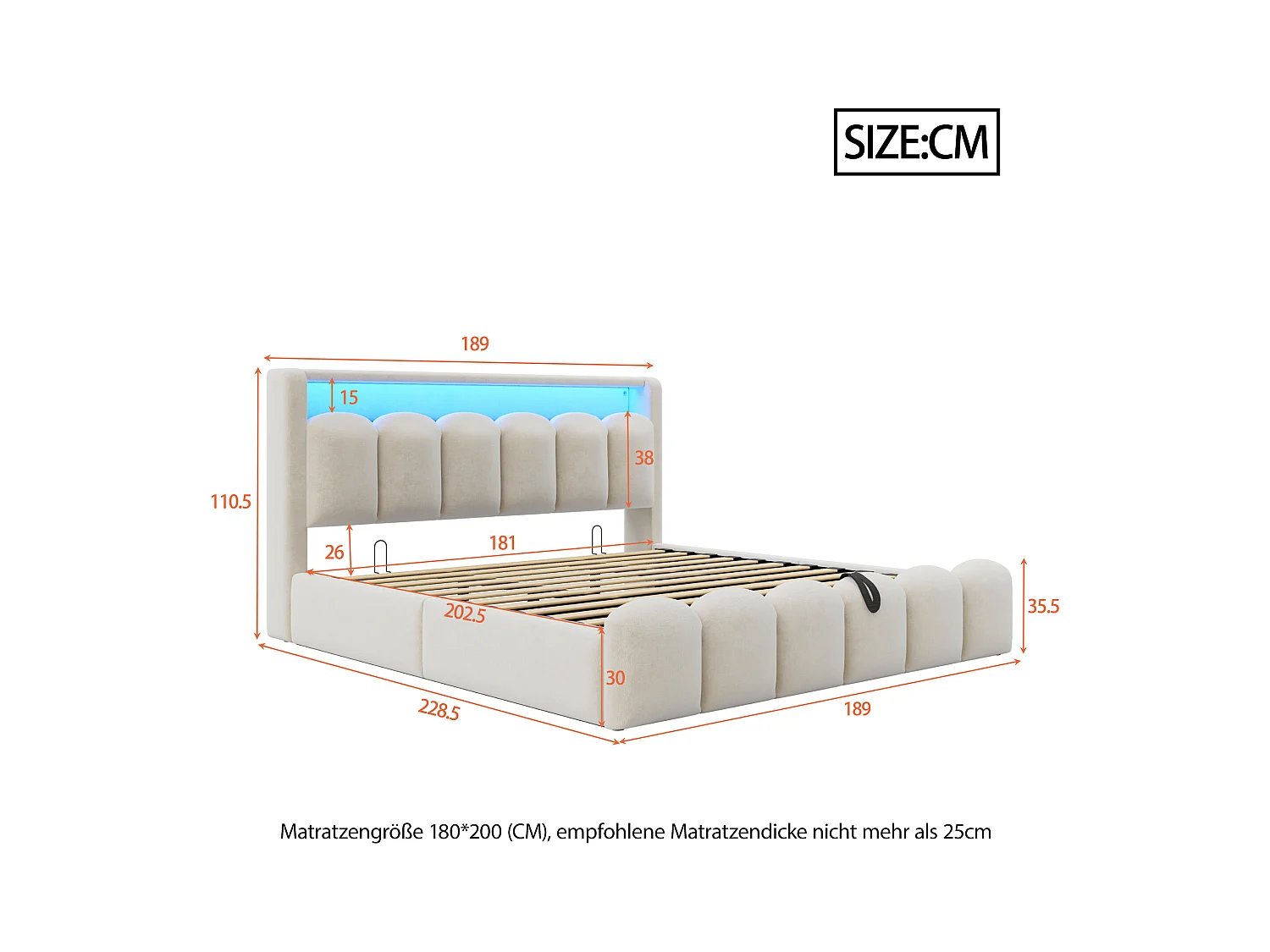 Lit coffre rembourré 180x200 - Double - avec USB + Type-C - avec lumière LED - Velours - Beige (matelas non inclus)