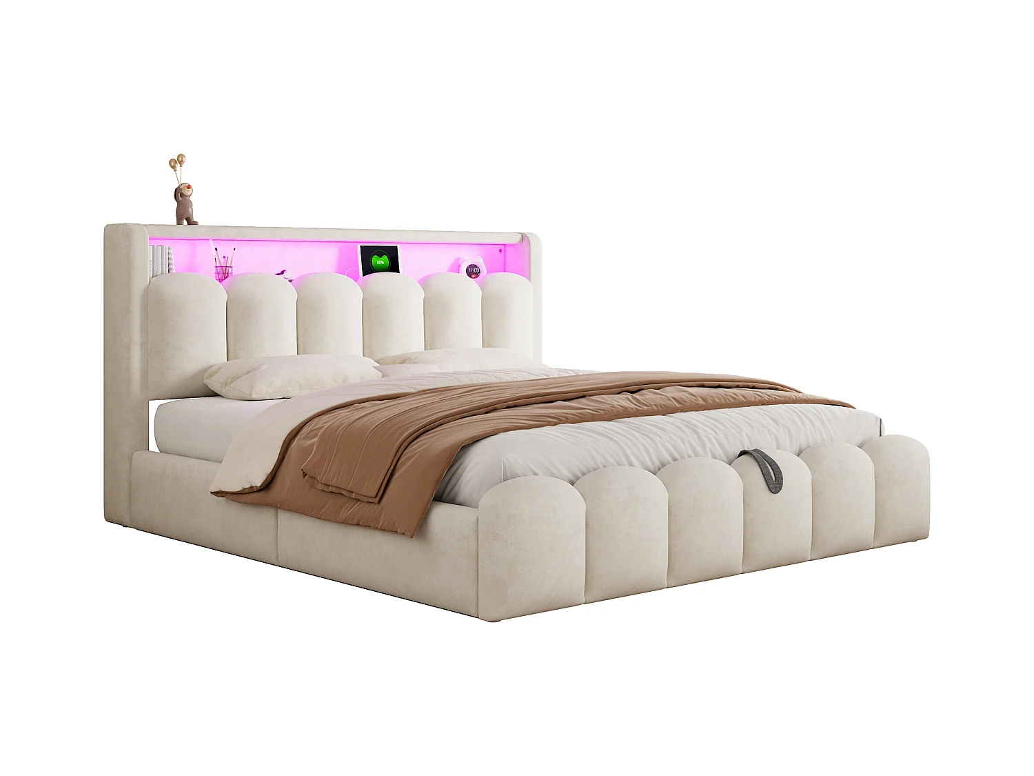 Lit coffre rembourré 180x200 - Double - avec USB + Type-C - avec lumière LED - Velours - Beige (matelas non inclus)