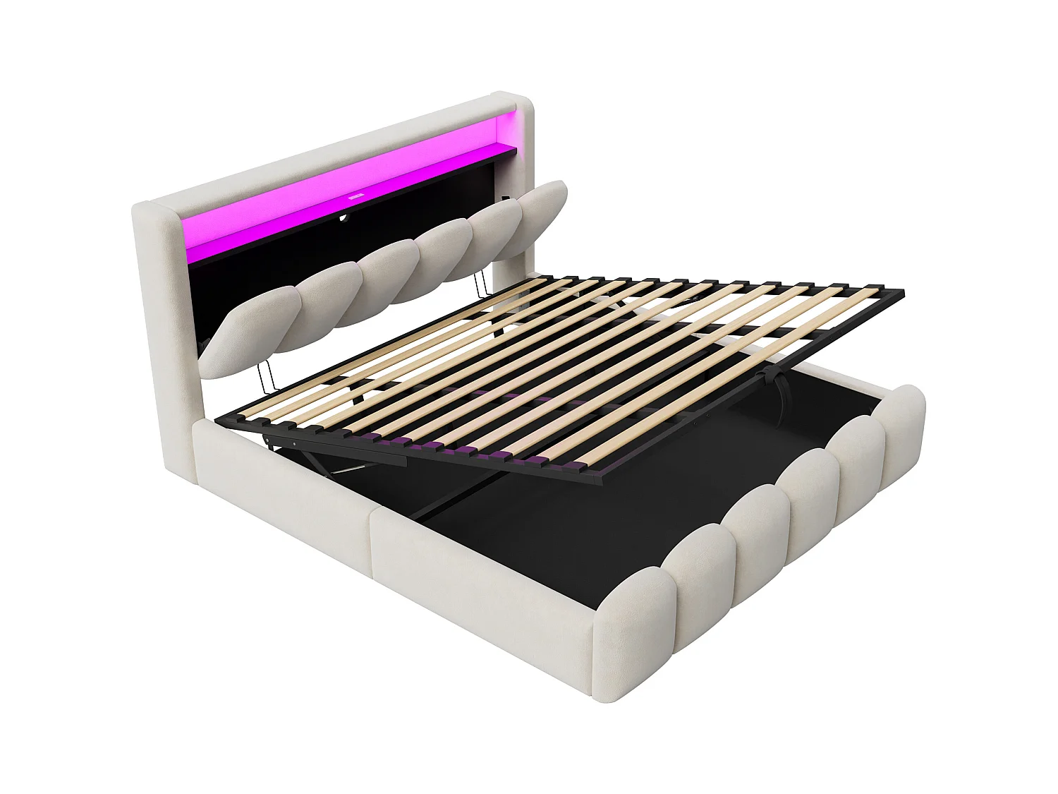 Lit coffre rembourré 180x200 - Double - avec USB + Type-C - avec lumière LED - Velours - Beige (matelas non inclus)