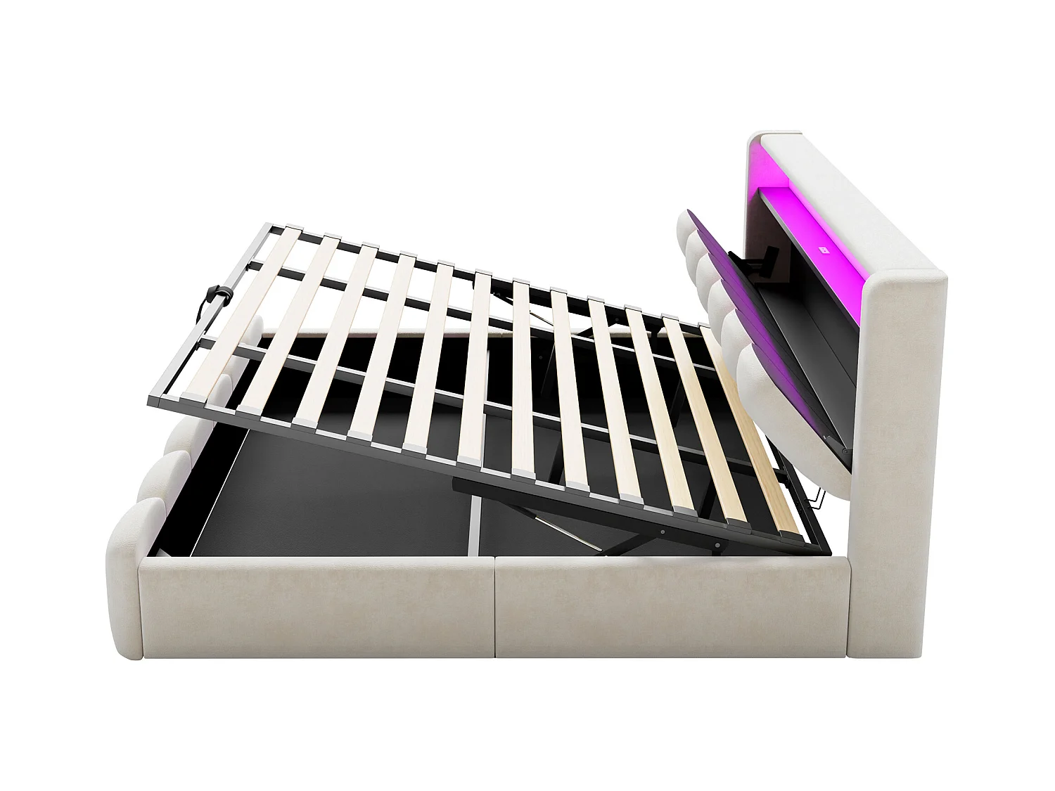 Lit coffre rembourré 180x200 - Double - avec USB + Type-C - avec lumière LED - Velours - Beige (matelas non inclus)