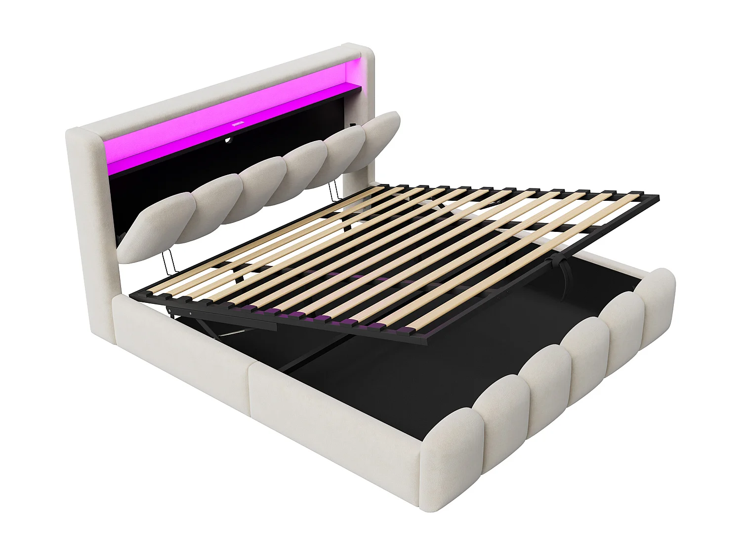 Lit coffre rembourré 180x200 - Double - avec USB + Type-C - avec lumière LED - Velours - Beige (matelas non inclus)