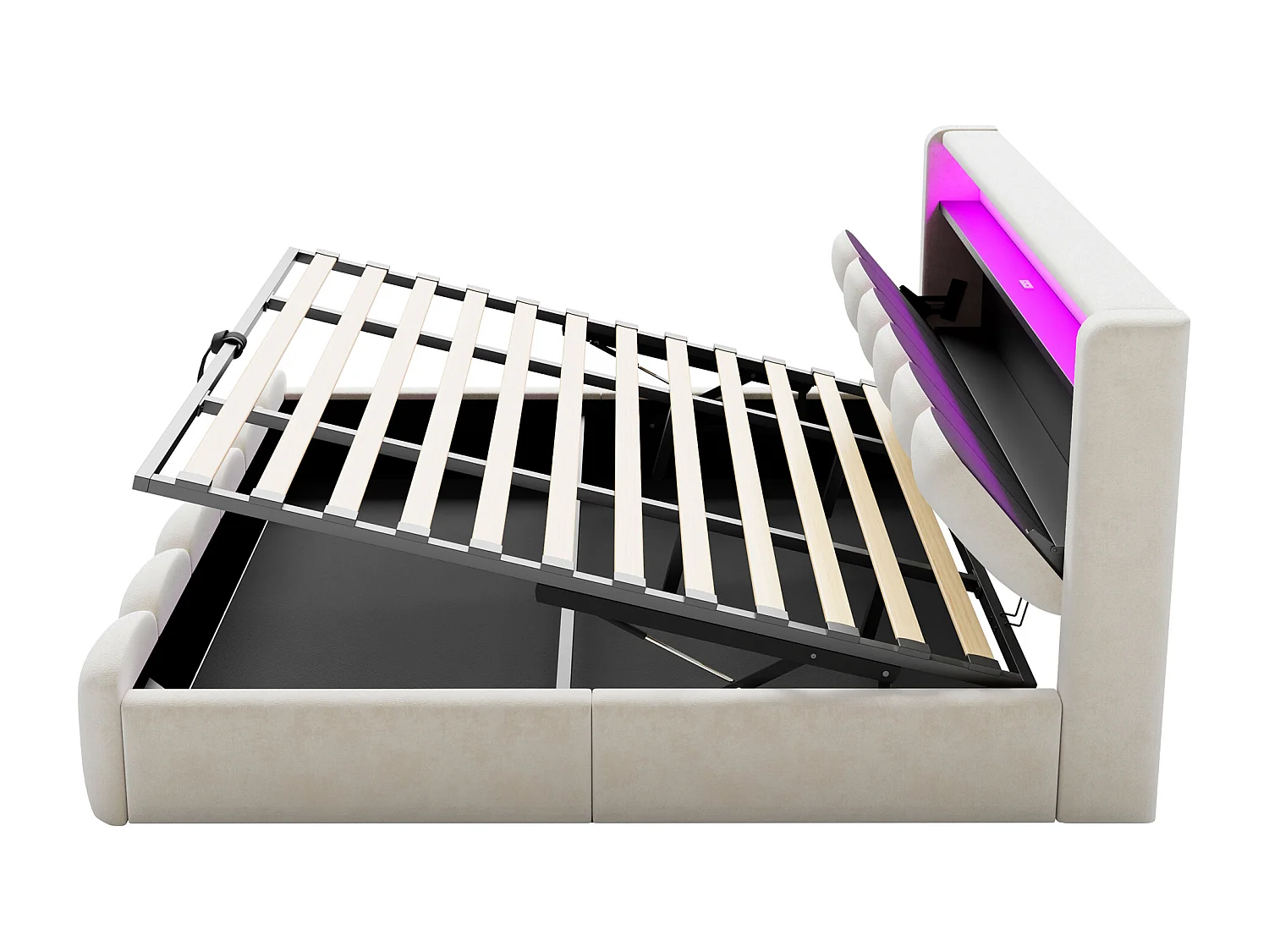 Lit coffre rembourré 180x200 - Double - avec USB + Type-C - avec lumière LED - Velours - Beige (matelas non inclus)