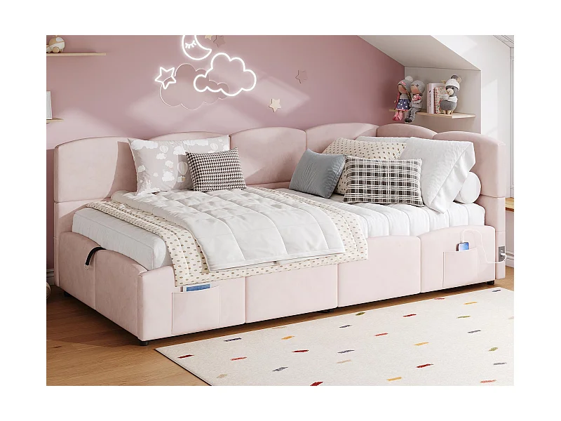 Kinder-Schlafsofa 90x200 cm - Bett mit Stauraum - mit USB-Anschlüssen - mit Aufbewahrungstasche - Samt - Rosa (ohne Matratze)