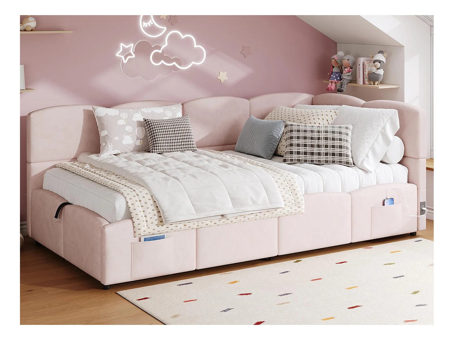Kinder slaapbank 90x200 cm - Opbergbed - met USB-poorten - met opbergzak - Fluweel - Roze (zonder matras)