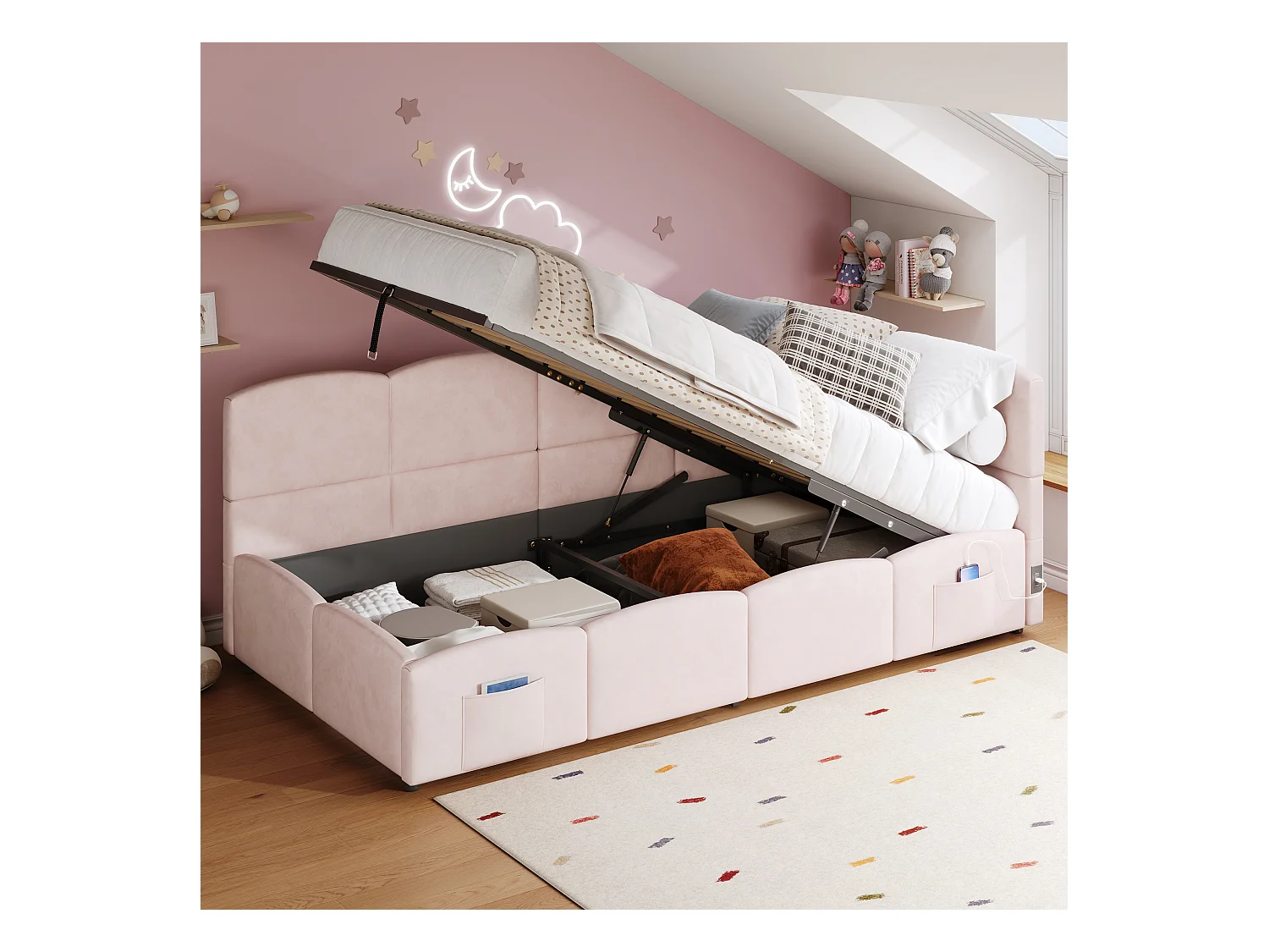 Kinder slaapbank 90x200 cm - Opbergbed - met USB-poorten - met opbergzak - Fluweel - Roze (zonder matras)
