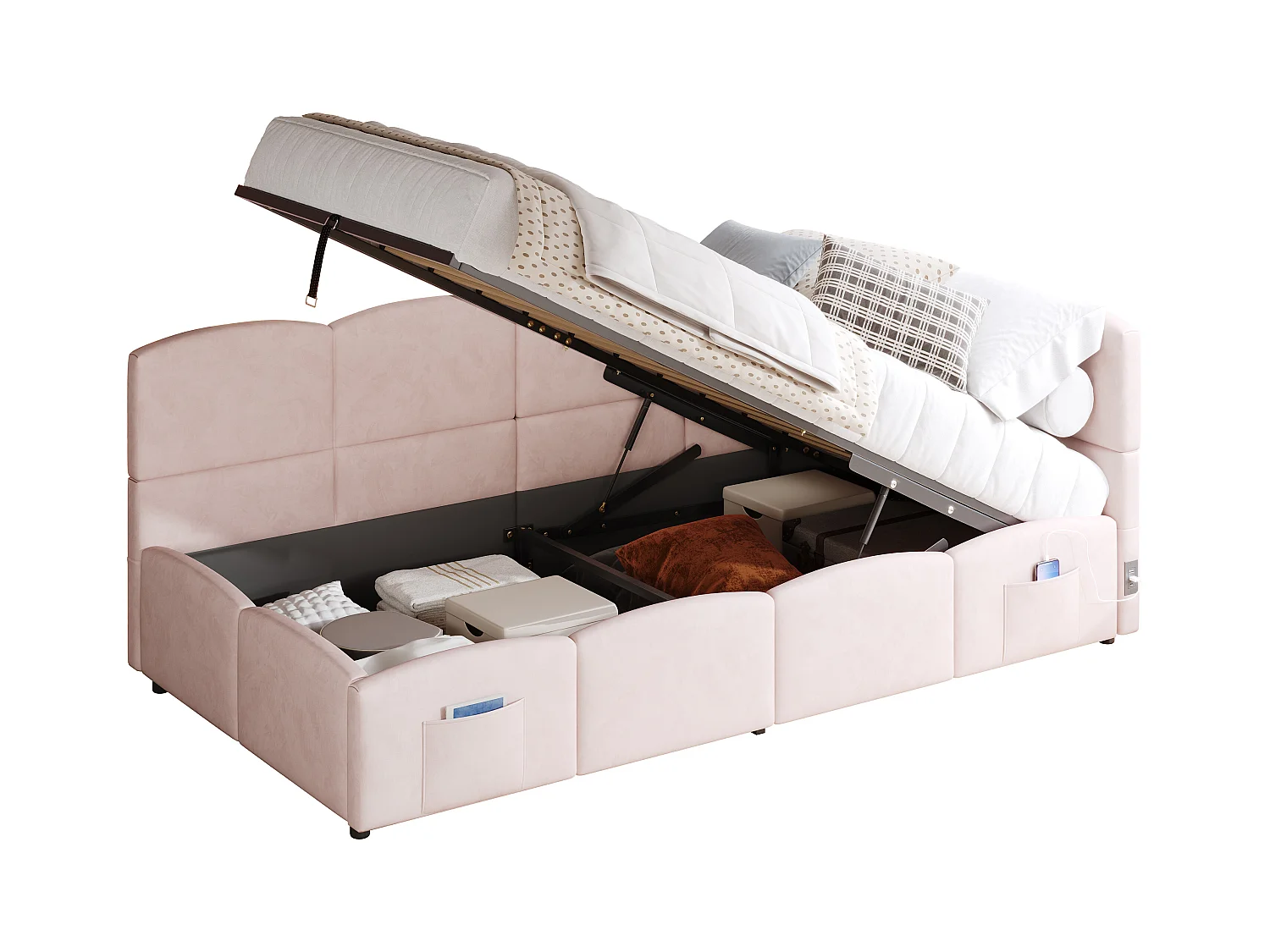 Canapé-lit enfant 90x200 cm - Lit coffre - avec ports USB - avec poche de rangement - Velours - Rose (sans matelas)